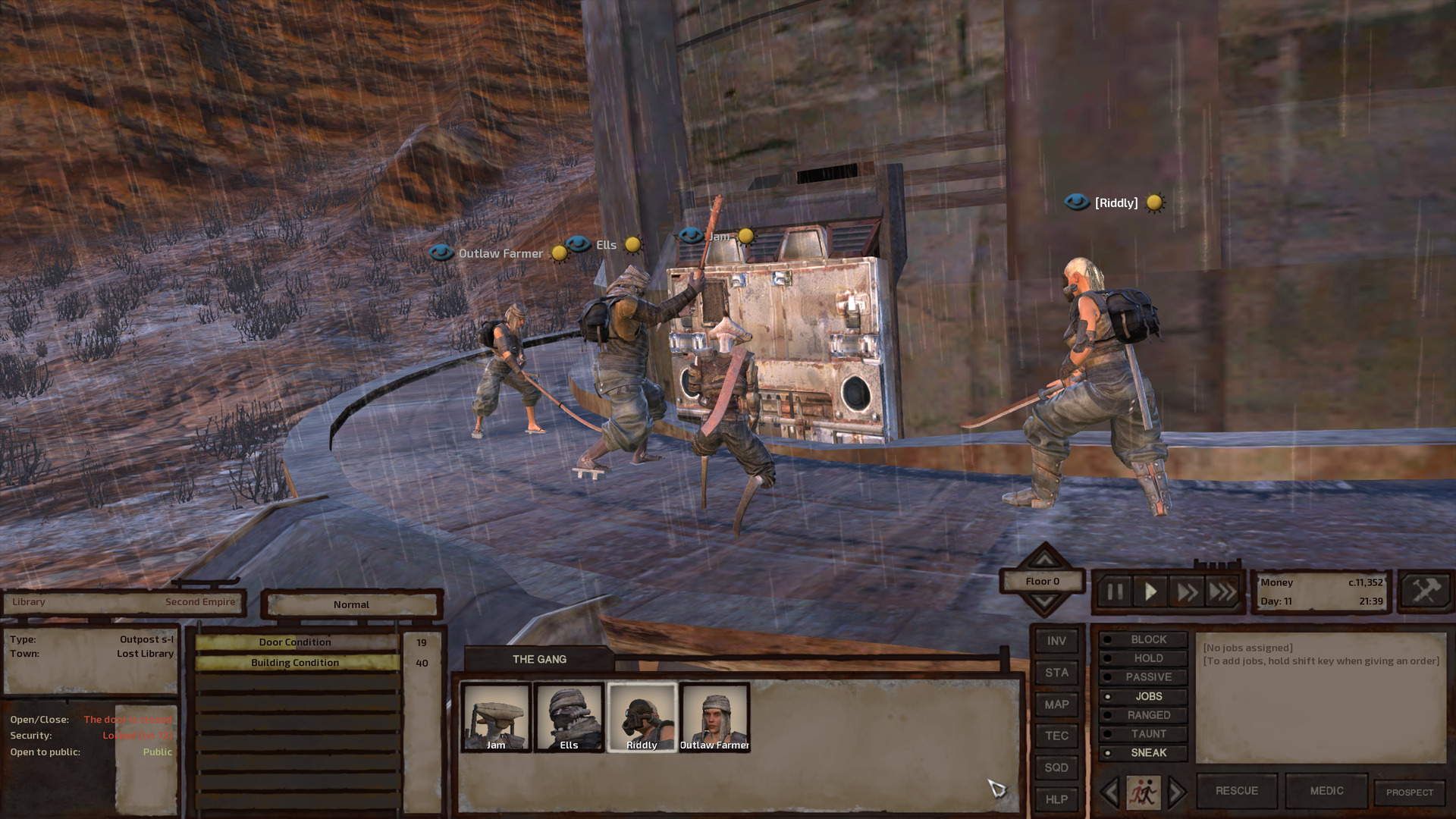  The gang wails on the door with their various weapons.