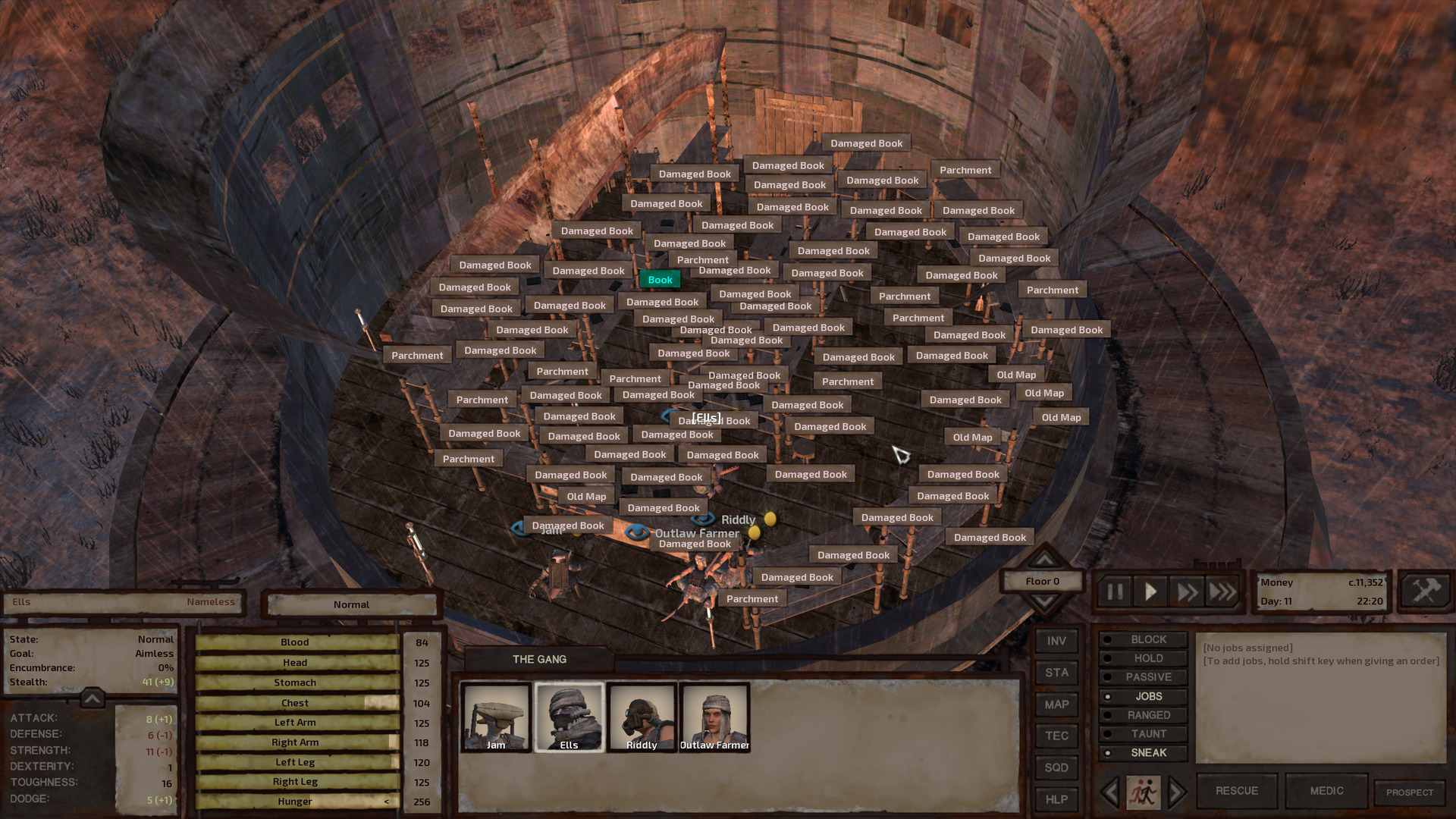 The library interior. It's full of bookshelves as one might expect, but the scene is barely visible behind all the little text boxes indicating items. Most of these are just Damaged Books—worthless junk—but a few are Parchment, Old Maps, and one is a Book. This Book's text box is green while all the othe text boxes are white, indicating that the Book is a higher-quality item.