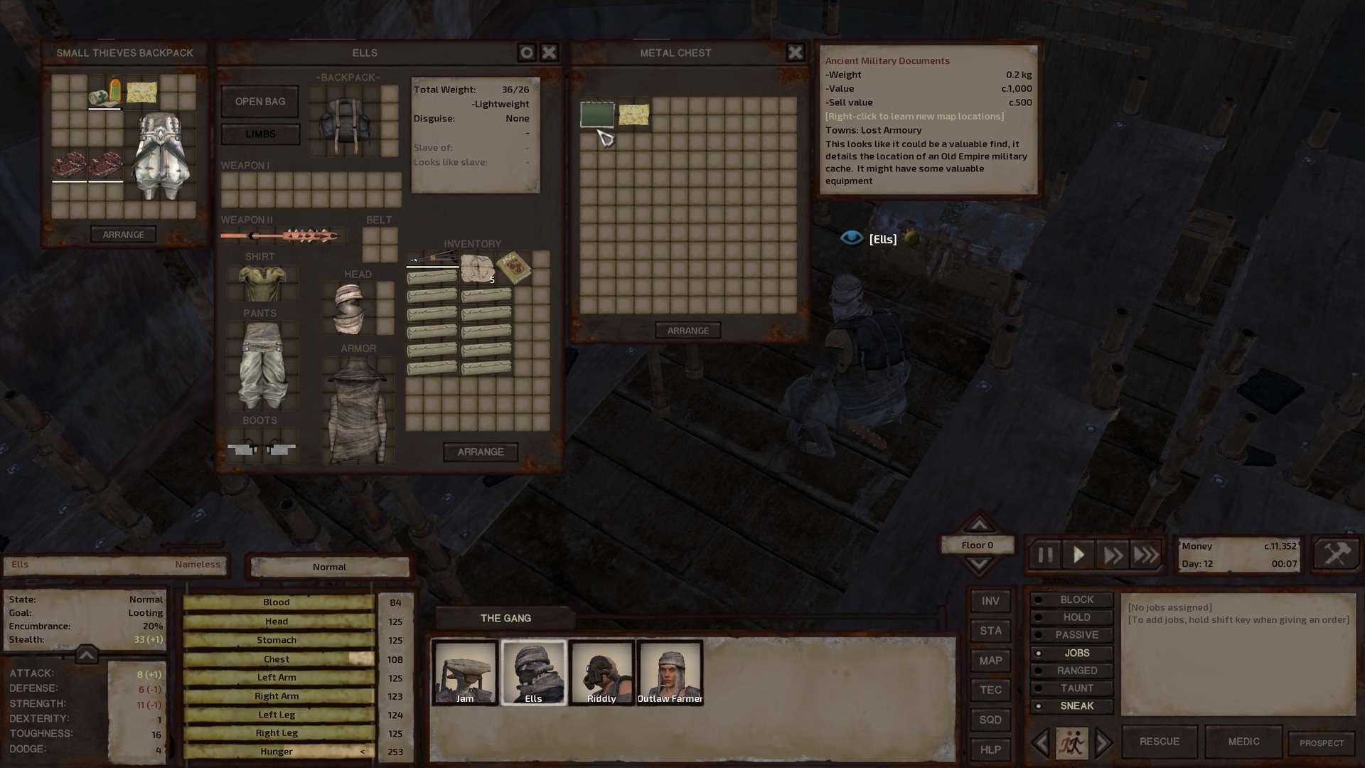 Ells' inventory is open, showing a map called Ancient Military Documents. The description reads: 'This looks like it could be a valuable find, it details the location of an Old Empire military cache. It might have some valuable equipment'.
