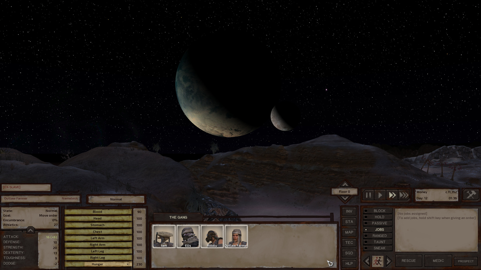 The night sky over the rocky hills, vast blackness dotted with myriad stars. Two large celestial bodies dominate the scene, each largely shrouded in darkness with only a crescent reflecting any light. One, a greenish blue that gives way to a vast white south pole and the other, less than a quarter of the size of the first, a mottled grey.