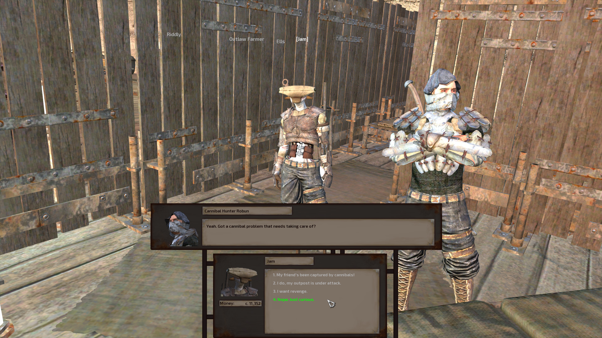 In a small room at the back of the Cannibal Hunters' HQ, Jam speaks with a fair-skinned human man named Robun. Robun wears heavy metal plate armour on his upper body, a metal plate face mask over the bottom half of his face, a chainmail hood, and leather pants and boots.