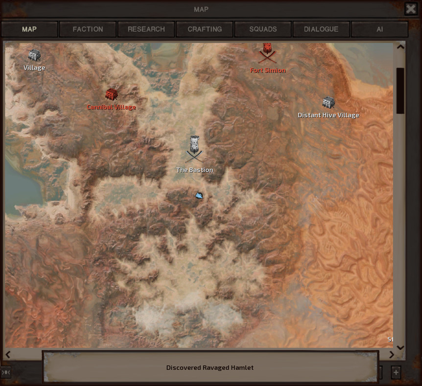 The map, showing the gang's location directly south of The Bastion. North of The Bastion, the Darkfinger peninsula stretches northwest, including the Cannibal Village the gang encountered and another unexplored Village. The Sinkuun peninsula stretches directly north, including Fort Simion and the Distant Hive Village. To the east lies the Great Desert, where Sho-Battai sits beyond the border of the map's current zoom. A text box at the bottom of the map window says 'Discovered Ravaged Hamlet'.