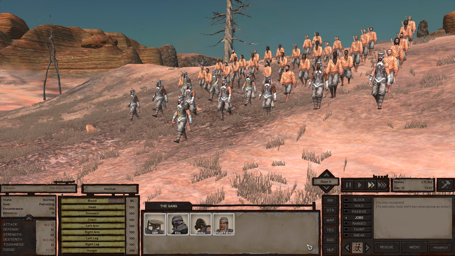 40 or so Holy Nation soldiers march in formation down a hill. About 10 are Paladins and Holy Sentinels, professional soldiers wearing painted steel breastplates and flat helmets that include a chainmail curtain that covers the sides and back of the head and neck. The other soldiers are Holy Chosen, who are barefoot, wear orange gi top uniforms and no armour at all. Every Holy Nation soldier is a greenlander human man.