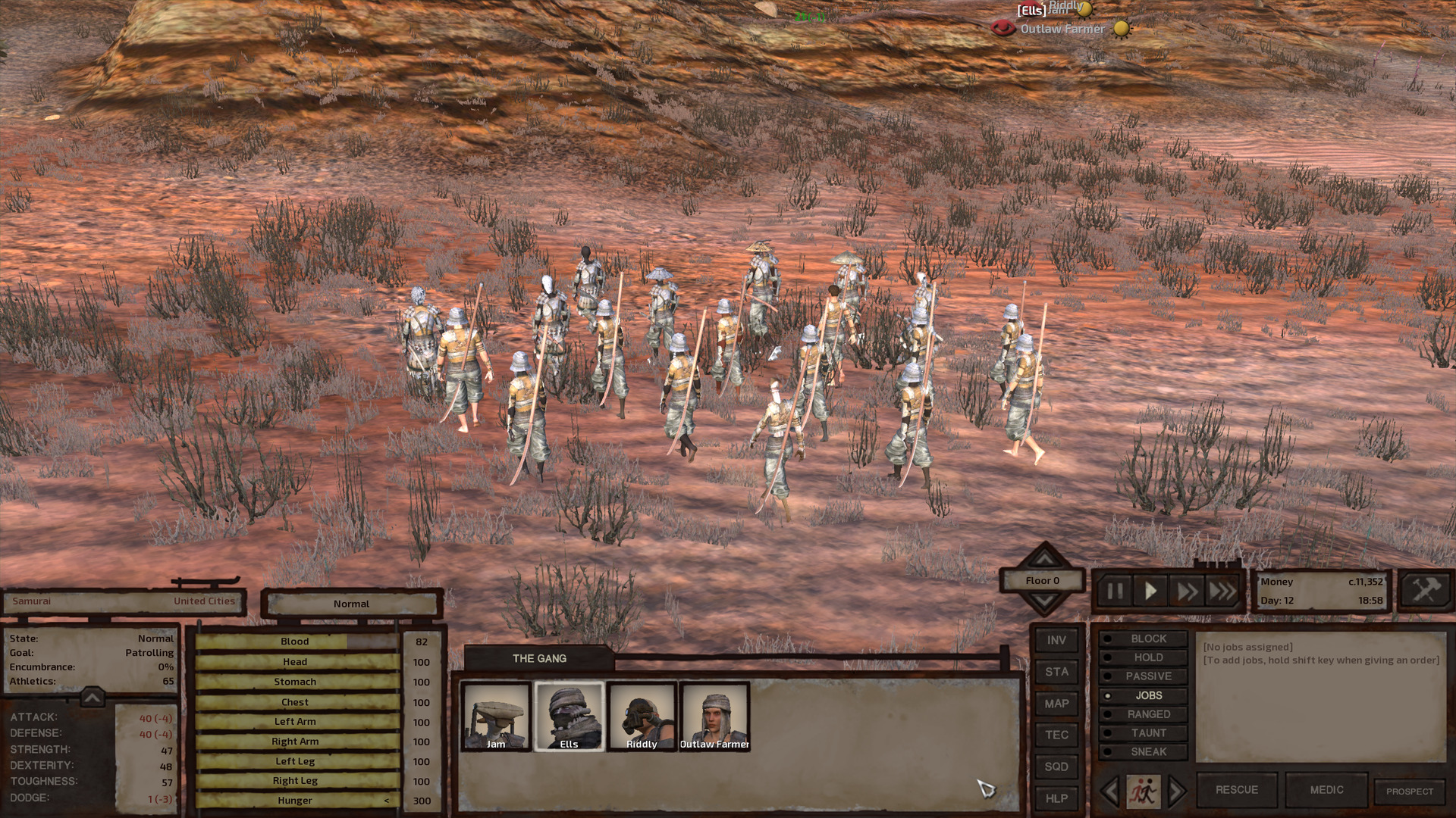 20 United Cities samurai march in formation through a valley. Three are full samurai wearing the same heavy steel armour as the samurai who guard UC city gates. A few more are Samurai Scouts, not quite as highly skilled and wearing lighter armour. The rest are Samurai Conscripts, barefoot, wearing leather armour and flared steel helmets.