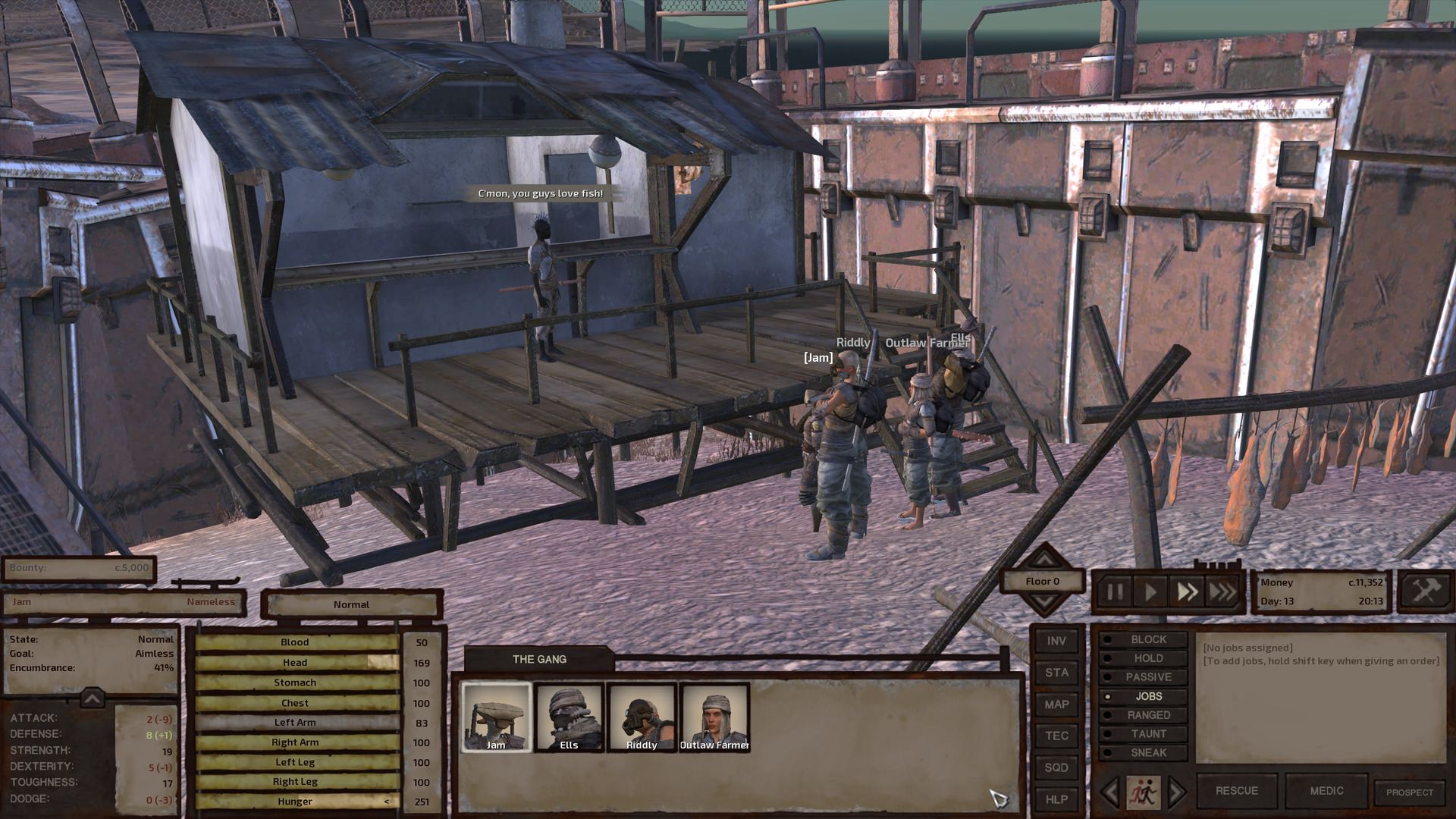 A charcoal-skinned human woman stands on the porch of a shack that seems to serve as both her home and a storefront. She addresses the gang, who stand attentively in front of her shack, with a sales pitch for fish.