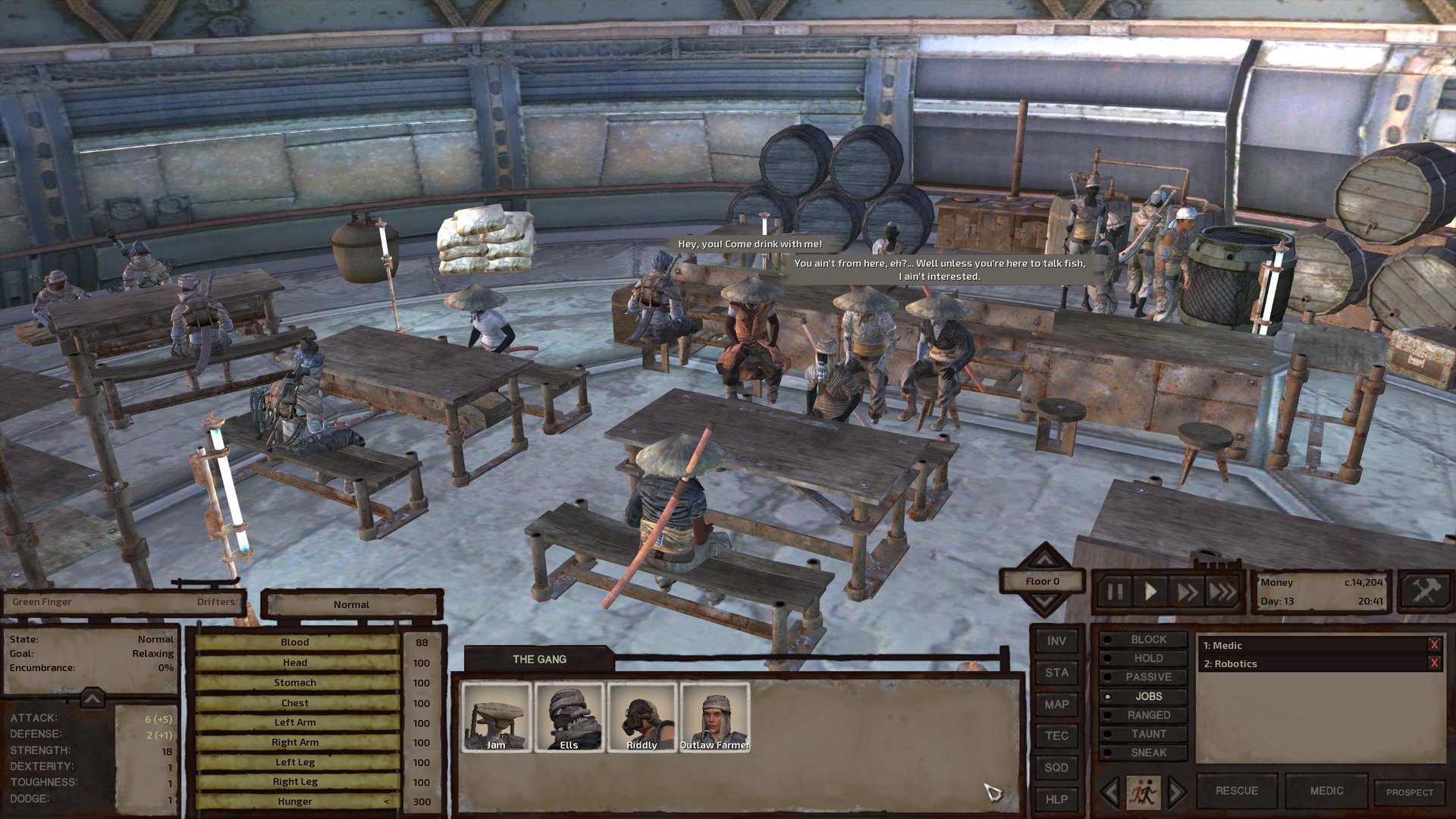 A variety of people, from cannibal hunters to random drifters, populate this rather large bar. A dark-skinned human man in a conical straw hat and a sleeveless orange leather longcoat invites the gang to come drink with him. A couple stools over, a darker-skinned human man in a black leather jacket is feeling less conversational.
