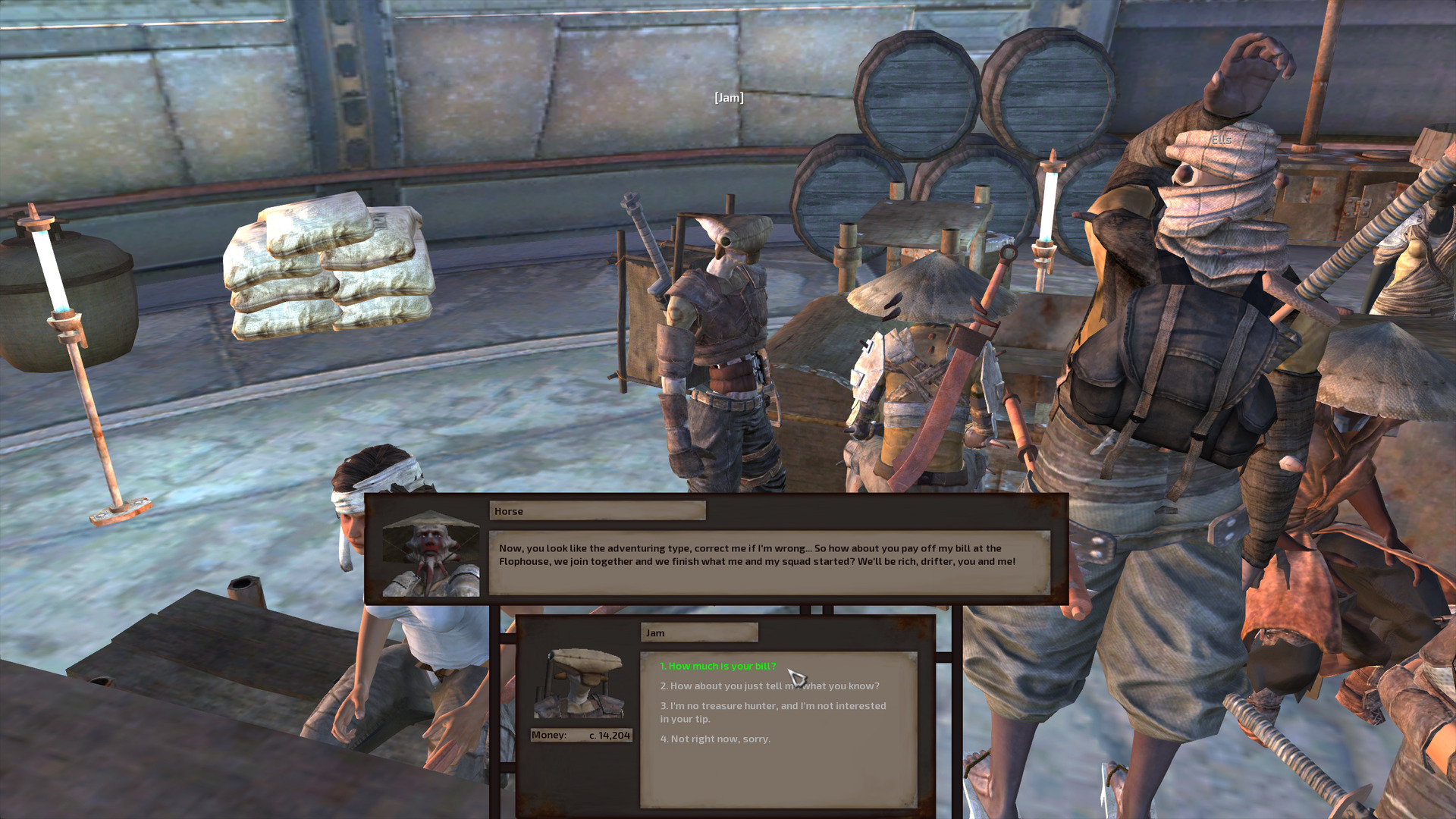 Jam talks with a shek man wearing a straw conical hat, metal body armour, and cargo pants. The man carries a horribly rusted sabre. He wears red paint on his face and on the tips of his horns and chin spikes. Ells looks on, clutching his head. Technically he is doing so because he is wounded and not because of the conversation with Hobbs, but one may imagine it might be both.