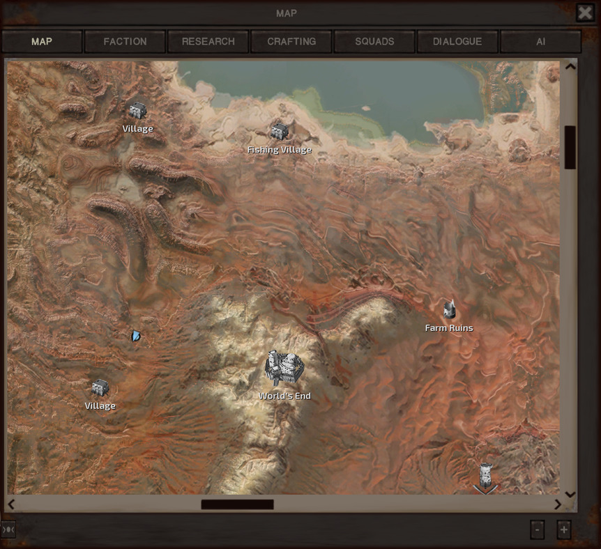 The map, showing that the gang has traveled southwest from the Fishing Village around the west side of the mountains, most of the way toward another as-yet unidentified village. Right in the middle of the mountains is a city named World's End. Directly to the east of the mountains is something called Farm Ruins and south of that is an unidentified outpost.