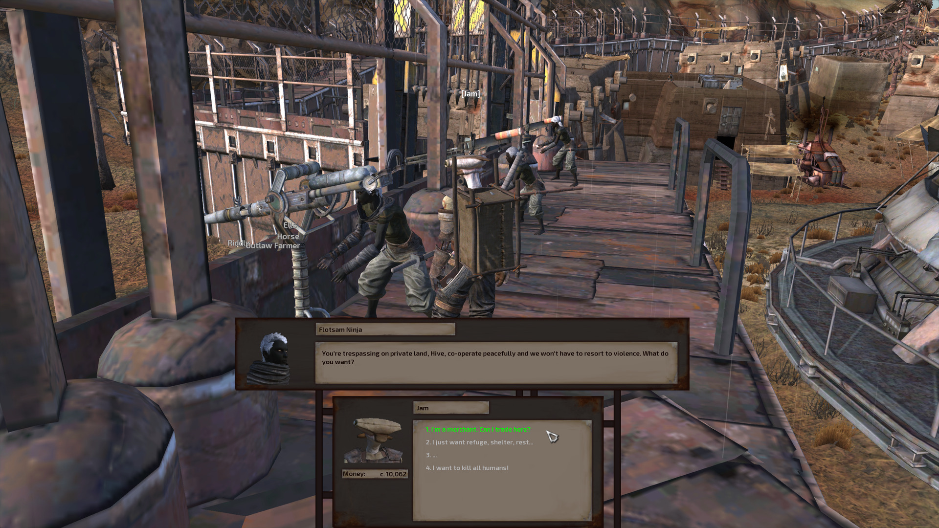 Jam stands atop the village wall, speaking to a charcoal-skinned human woman who is pointing a turret at the ground near the rest of the gang outside.