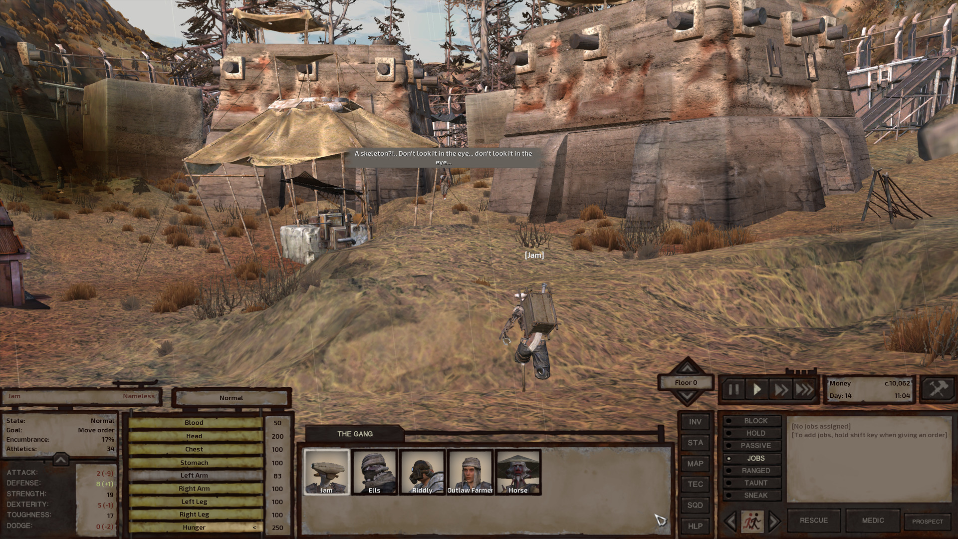Jam walks through the middle of the village, among the houses and past a well with a raised tent over it. Ahead, between a couple of other houses, a greenlander human resident reacts poorly to Jam.