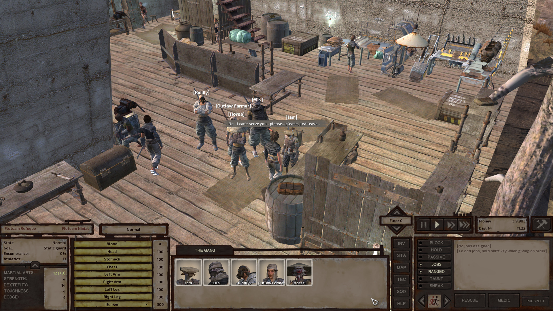 Quite a lot of work seems to go on at this shop—people work at various workbenches around the building. One employee operates a leatherworking bench in the back. While the rest of the gang stands nearby, Jam attempts to speak with a shopkeeper, a fair-skinned human man with shaggy brown hair and a black leather jacket.