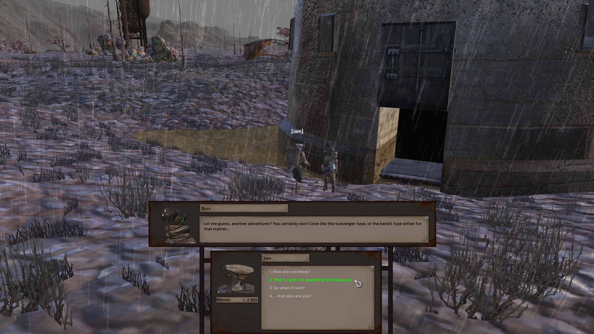 Weathering the driving rain, Jam speaks with Burn, a skeleton wearing rags, in front of the door to a stone watchtower.