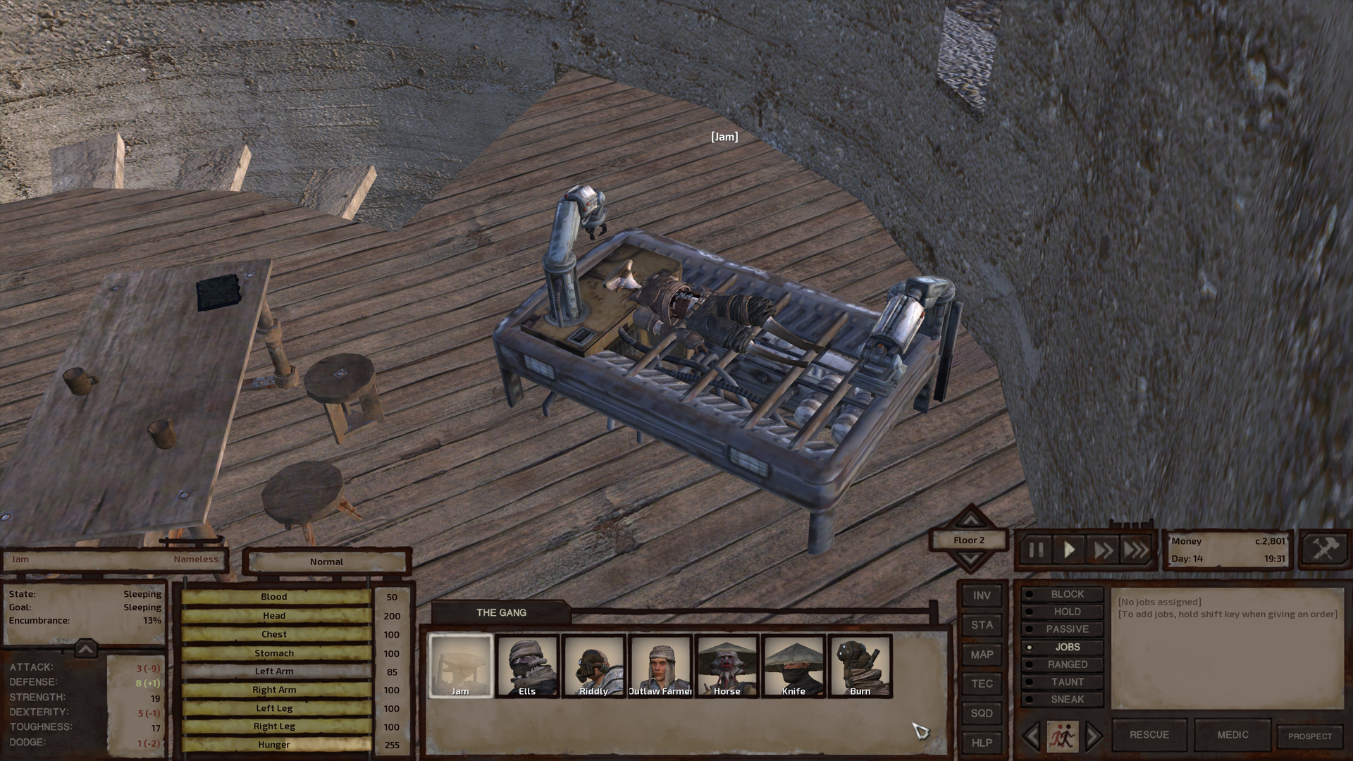 On the third floor of Burn's circular tower, next to a table set for two, Jam lays in a skeleton repair bed. This is an uncomfortable-looking metal bed where one has to lay across a series of metal bars with active machinery below. A robotic metal arm sits atop each end of the bed,ready to handle the repair work.