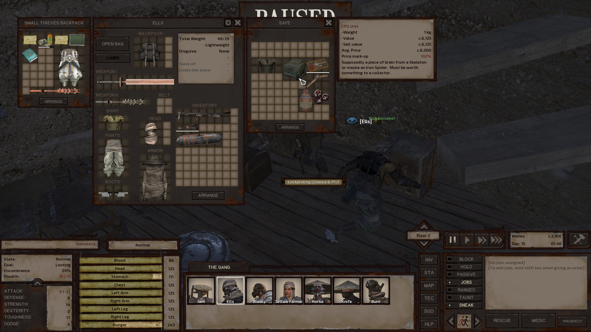 In a dark room, Ells loots a safe. The safe contains a dark leather shirt, a redundantly-named boxy dark green CPU Unit, a skeleton repair kit, a hinge, some rotten fruit, and an empty bottle. Ells has already looted a crossbow and a long, cylindrical grey and orange Power Core.
