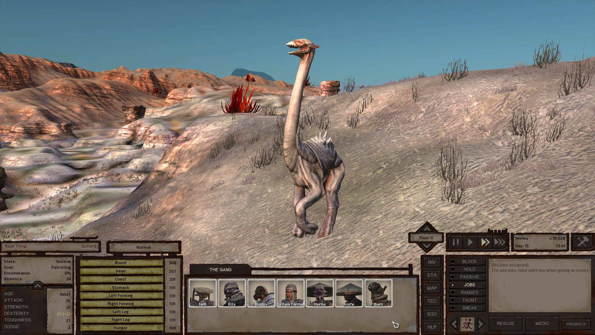 A horrible creature. It's vaguely giraffe-shaped with four legs and a long neck that stretches upward, but much more solid. Its taut skin is a pale ecru, pinkish around the head. It has neither fur nor feathers but a grey carapace covers its back, ridged with bony nodules protruding from a subtle hump halfway along its torso. Its head is broadly bird-shaped but its mouth gapes open, revealing at all times a row of sharp teeth along a fleshy jaw that ends in the cruel, serrated beak that gives this predator its name. It does not appear to have eyes. It has a pair of little pointy ears at the back of its head but this is not nearly cute enough to make up for the rest of it.