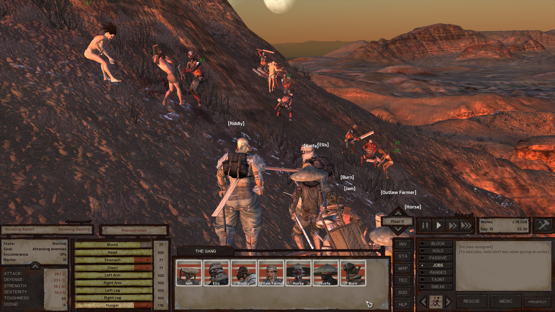 On a steep hillside, as the sun sets, painted cannibals duke it out with a bunch of humans wearing only underwear. Both sides wield flesh cleavers. In the foreground, the gang looks on.