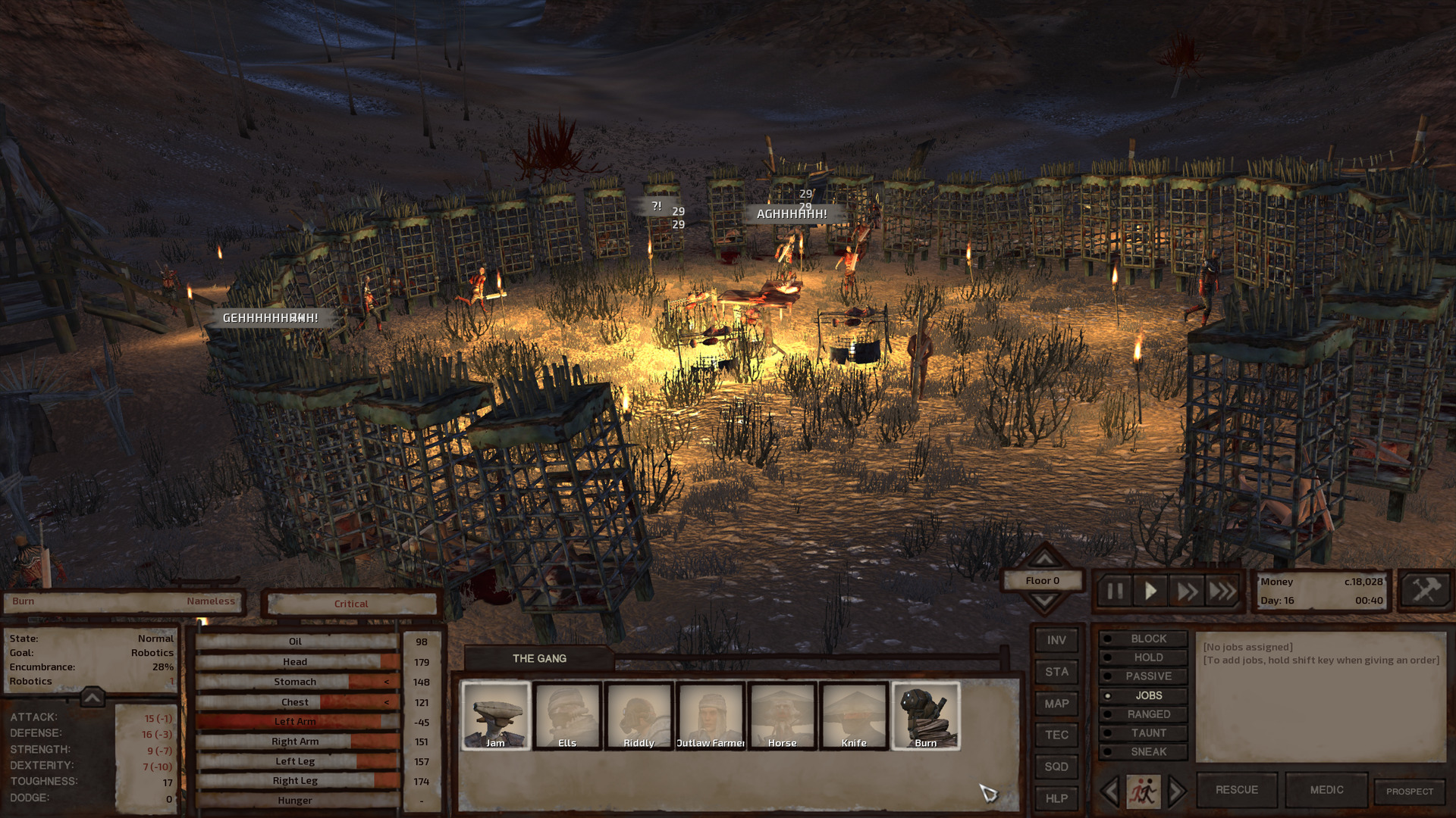 A fire lights the night, emanating from a pit over which a spit of meat is roasting. Around this pit, numerous human-sized cages are arranged in a circle, each containing a wounded shrieking bandit. Screams ring out from some of the cages as the cannibals hack a few prisoners to death to make room for more.