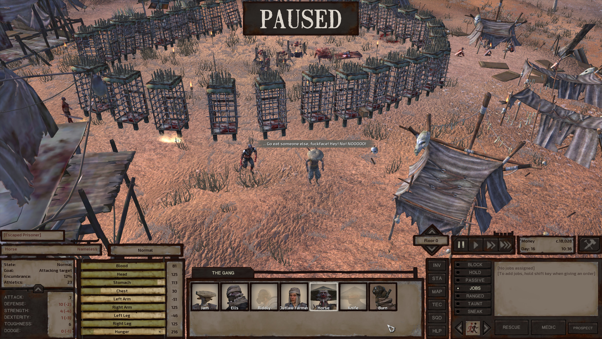 Horse has escaped his cage and tries to limp away past the ring of houses that surround the cages, shouting in panic. He cannot limp very fast, though, and there is a cannibal right next to him about to catch him.