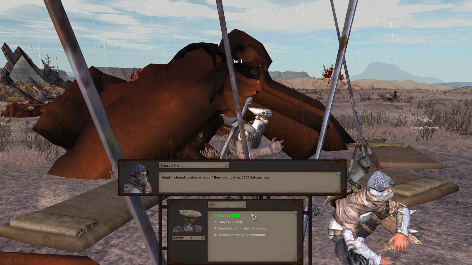 At a camp consisting of a couple raised tents over a bunch of sleeping bags, set up in front of a bunch of large chunks of ancient scrap metal, Jam implores a cannibal hunter.