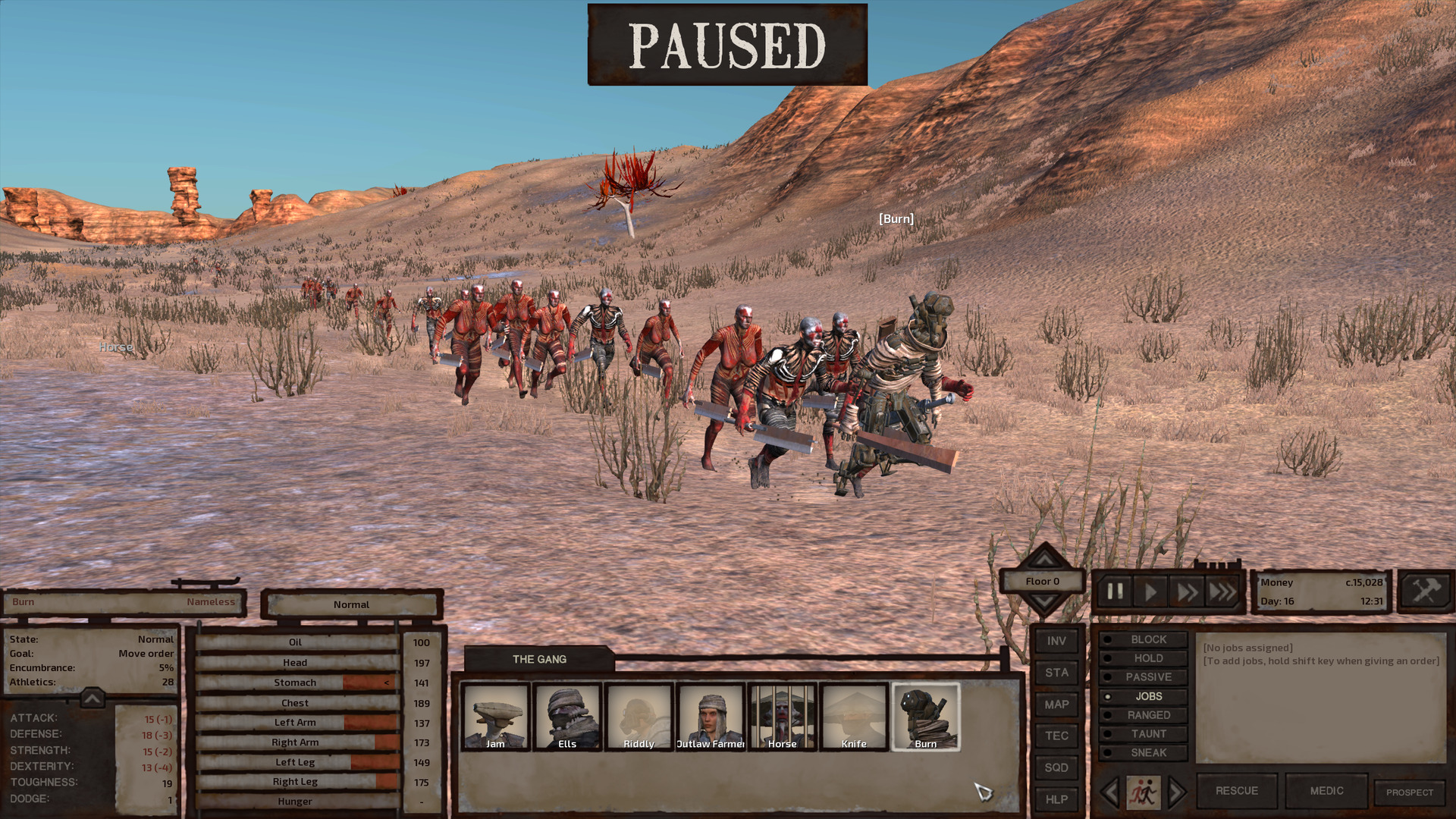Burn sprints across the plain with around 15 cannibals hot on their heels. Burn is naked from the waist down. It is not scandalous. They are a robot.