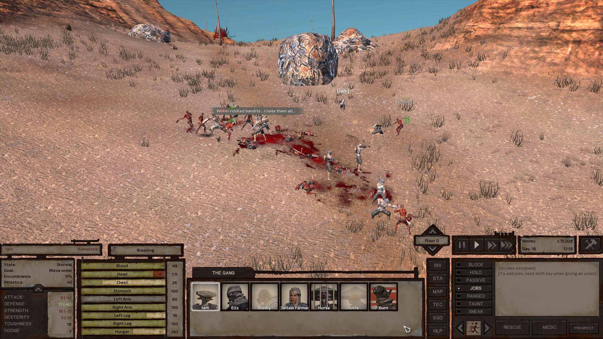 Blood stains the ground as the cannibal hunters shoot, slash and punch their way through the cannibals. Burn fights alongside the cannibal hunters while Jam runs off into the distance. One cannibal hunter mutters under their breath.