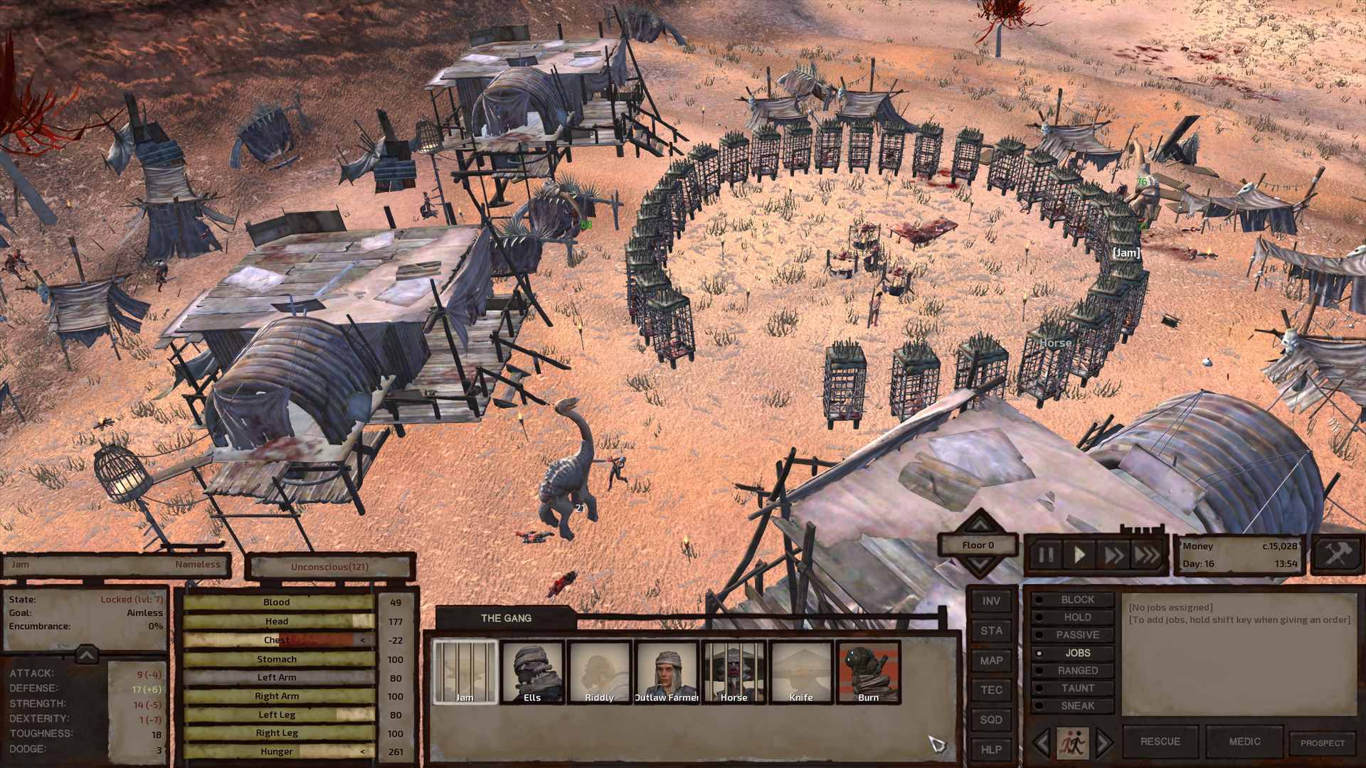 The cannibal village. The cooking pit is surrounded by a ring of people-sized cages, which is itself surrounded by a ring of wood and scrap metal houses and tents. A couple of the cages are occupied by Horse and Jam. A couple beak things have gotten into the village and are making short work of the cannibals.