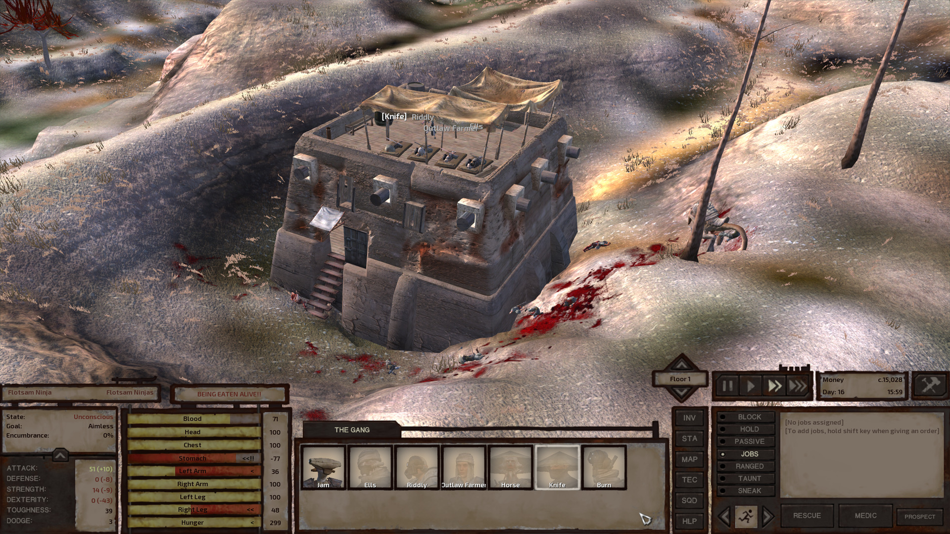 The Flotsam outpost, now with massive pools of blood staining the ground outside and many unconscious people. A beak thing is eating one of them. Knife, Riddly, Outlaw Farmer, and Ells are sleeping on the roof.