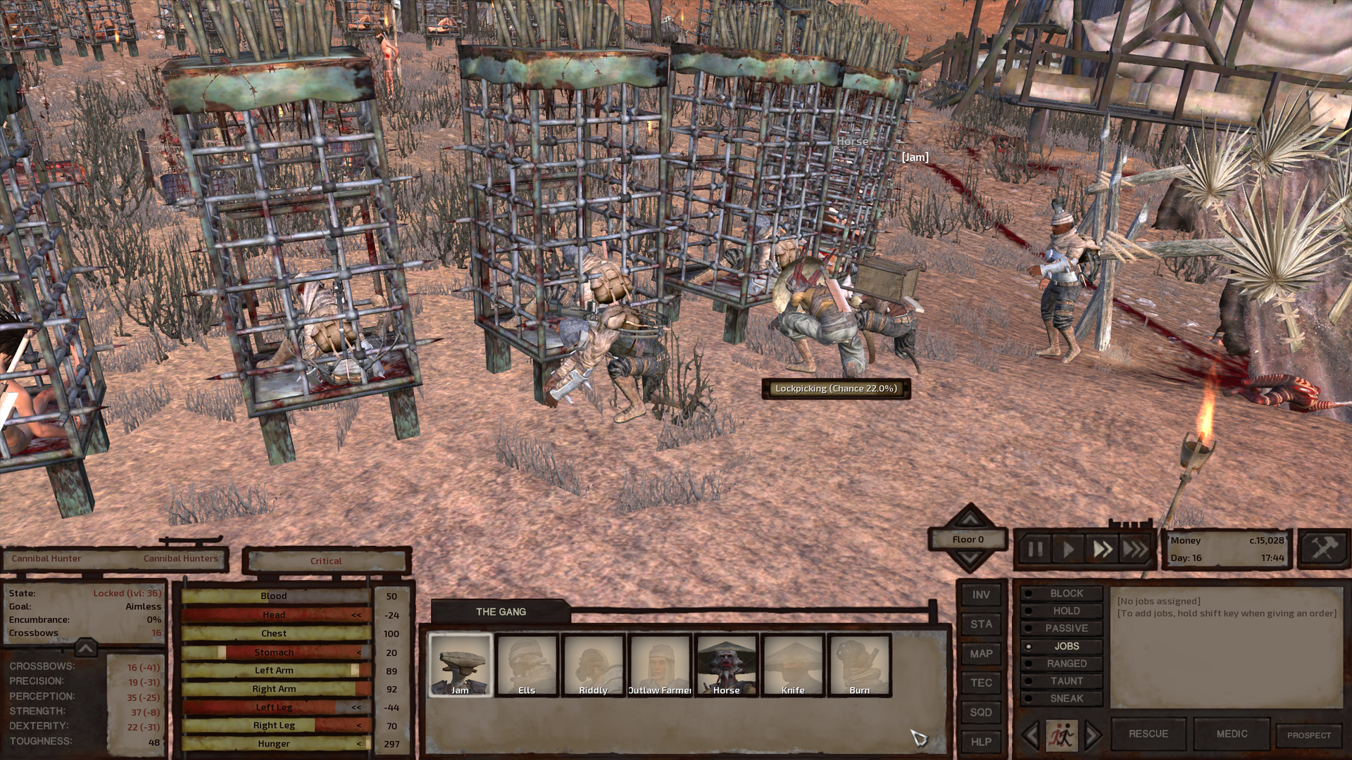 A close up of some of the cannibal cages, now containing cannibal hunters. Jam, Horse, and a free cannibal hunter kneel in front of the cages, picking locks and administering first aid. Another free cannibal hunter limps toward them, away from a conspicuously dead cannibal crumpled on the ground at the end of a long trail of blood.