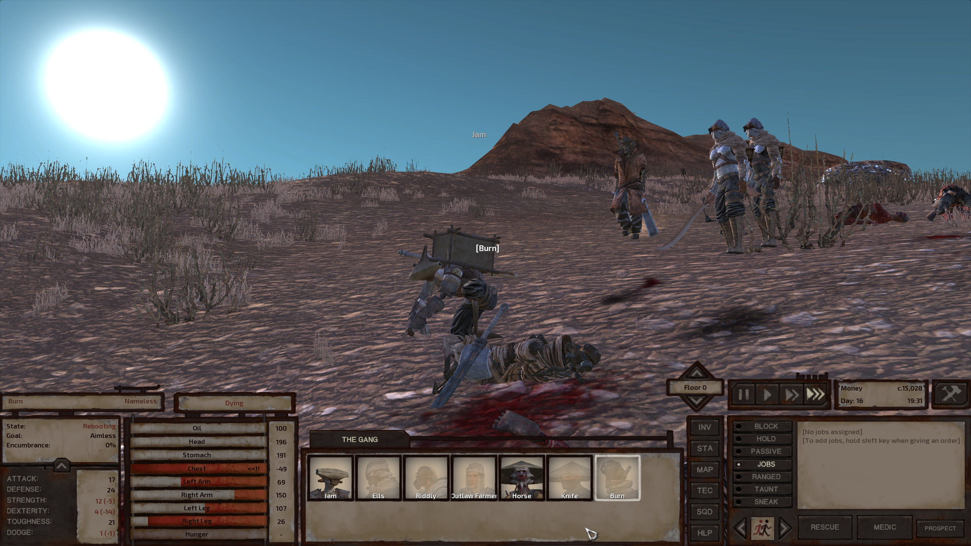 Burn lays on the ground, unconscious, while Jam repairs them. The two cannibal hunters from before stand watch as a skeleton in a tan leather longcoat strolls by. In the background, the sun hangs low in the sky, a brilliant white orb casting a long afternoon shadow over the hillside where the action is taking place.