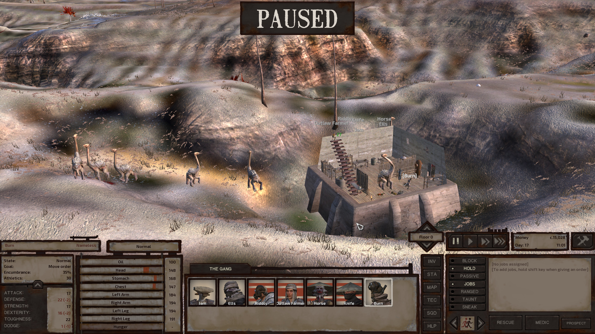 A beak thing is inside the Flotsam outpost! This should not happen! While the rest of the gang is on the roof, Burn is on the ground floor with the beak thing, running toward the door. Scrawny cannibal corpses surround the indoor beak thing. Five other beak things mill about outside.