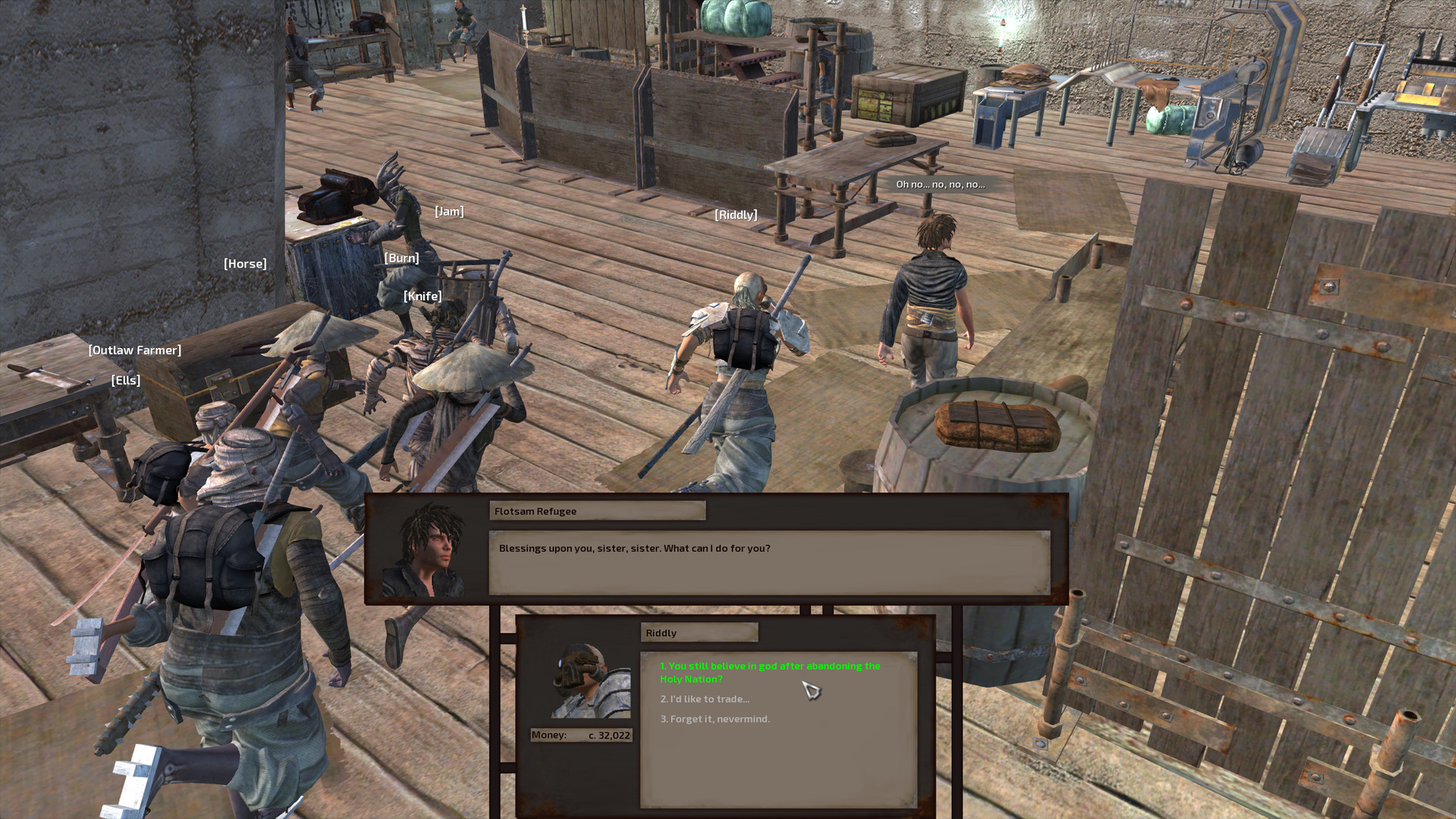 Inside the Flotsam Village shop, Riddly speaks to a fair-skinned human man with shaggy brown hair. He wears a black leather jacket with a yellow sash and beige cargo pants.