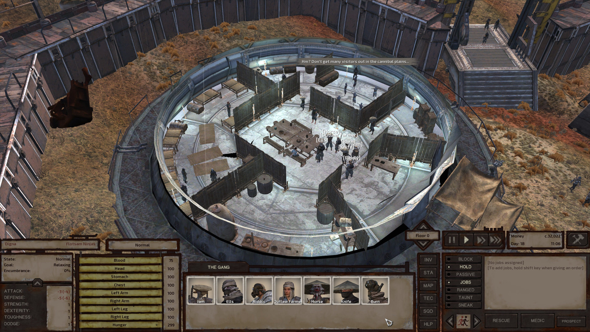 The gang stands in a wide, round single-storey building. Wooden interior walls divide it into a kitchen, a sleeping area, a training area, and a couple storage areas with a large dining table in the middle. In the training area, a human woman speaks.