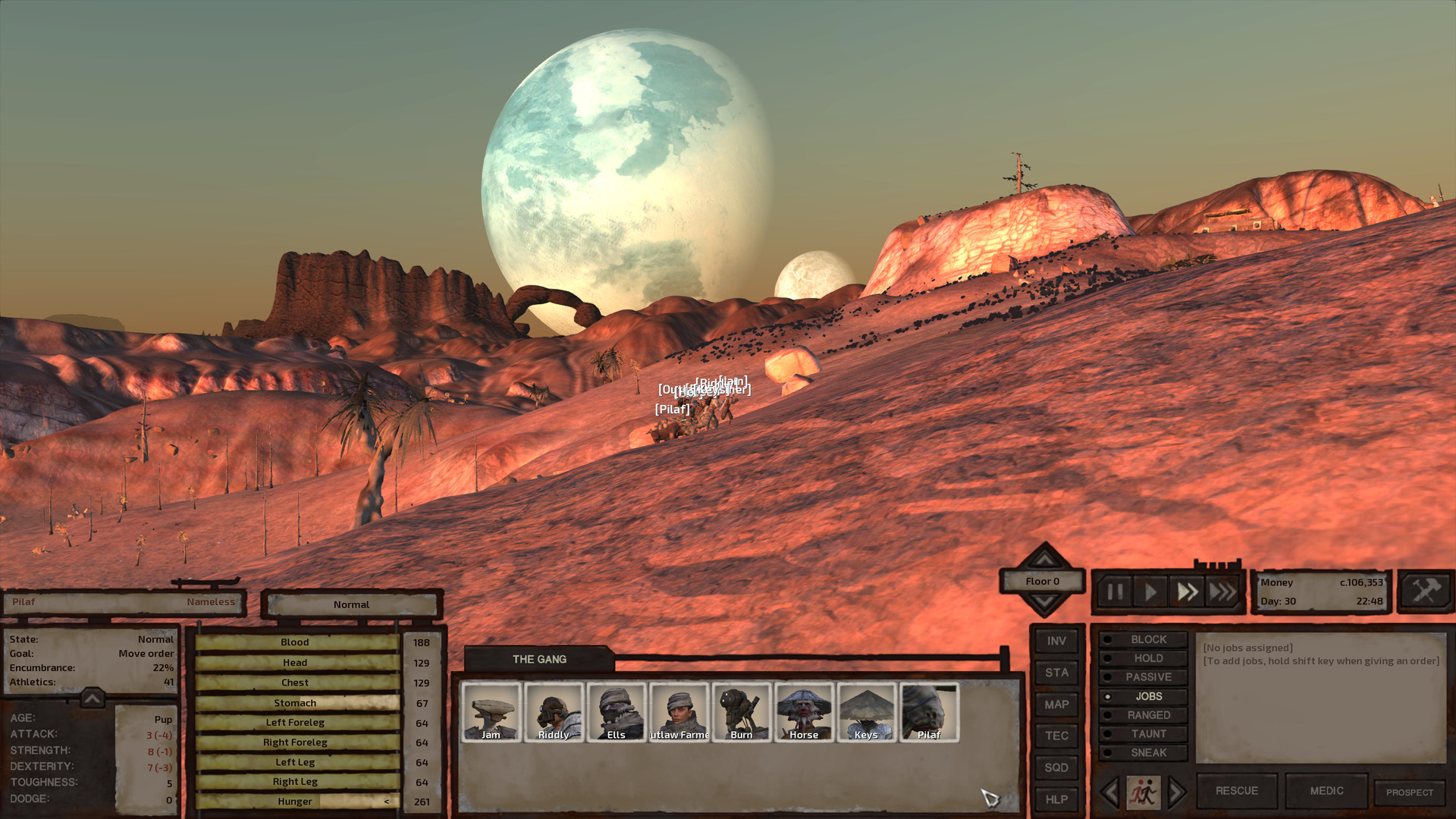The golden hour casts warm light over the hills and ridges of the Border Zone. A rough natural monolith juts into the horizon, connected to a stone arch. The planet Kenshi orbits and its other moon dominate the sky, visible in sharp relief.