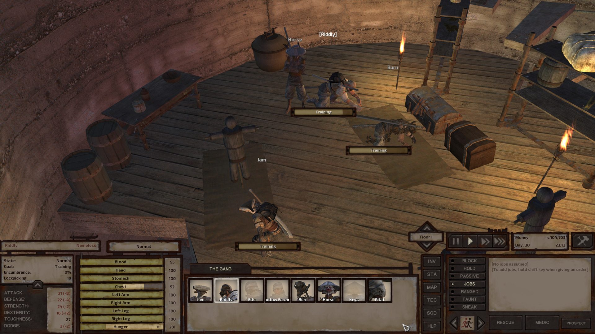 On the second storey of the Thieves' tower, Jam, Riddly, and Burn train by torchlight. Horse stands near Riddly, arms crossed, looking on.