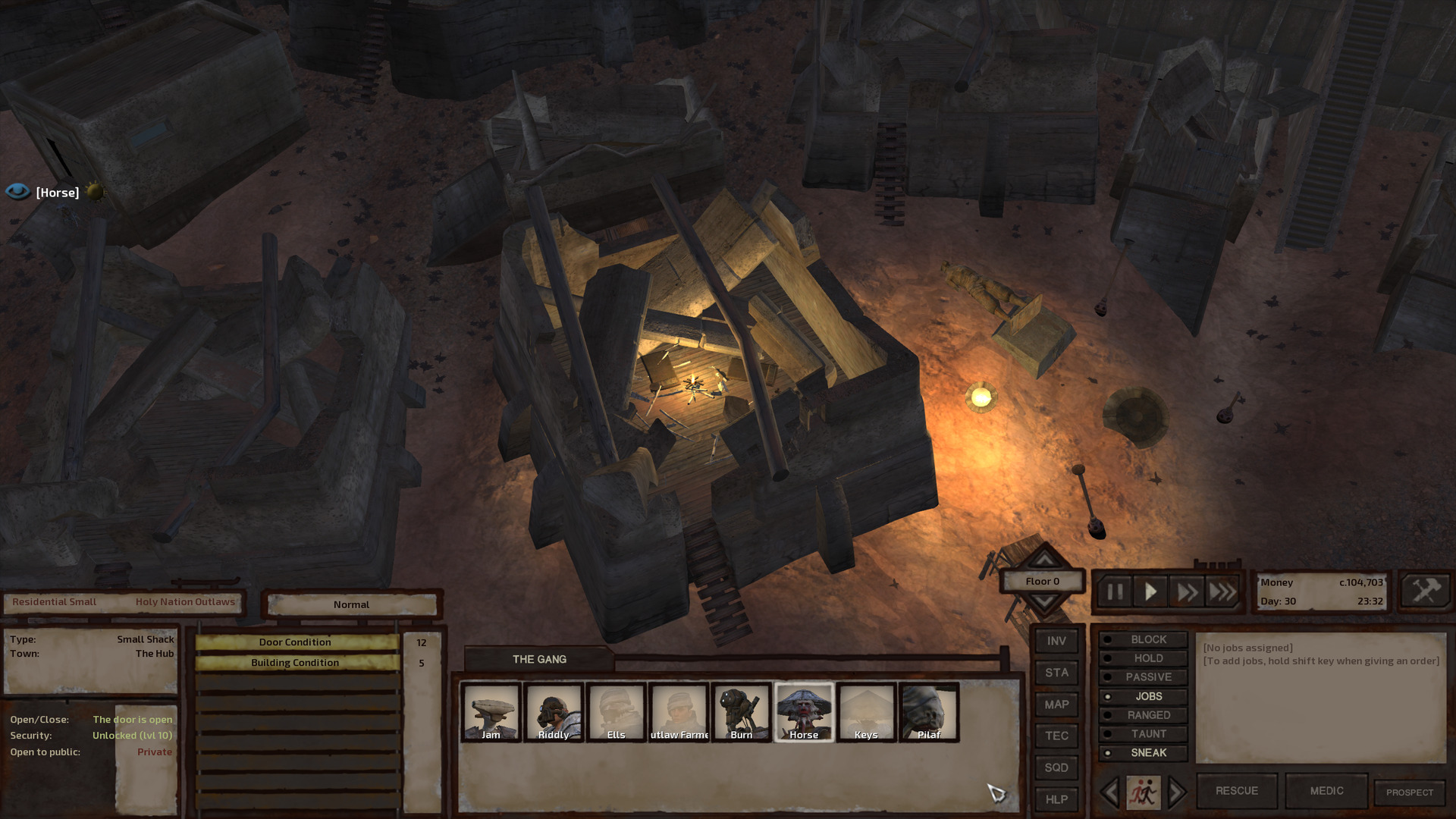 Two lights glow in the darkness. One is a campfire illuminating the interior of a collapsed house, a few sleeping bags sitting around it on the floor between bits of debris and chunks of collapsed wall. The other is an open-top brazier laying on the ground outside, illuminating a toppled statue and a couple crooked poles.