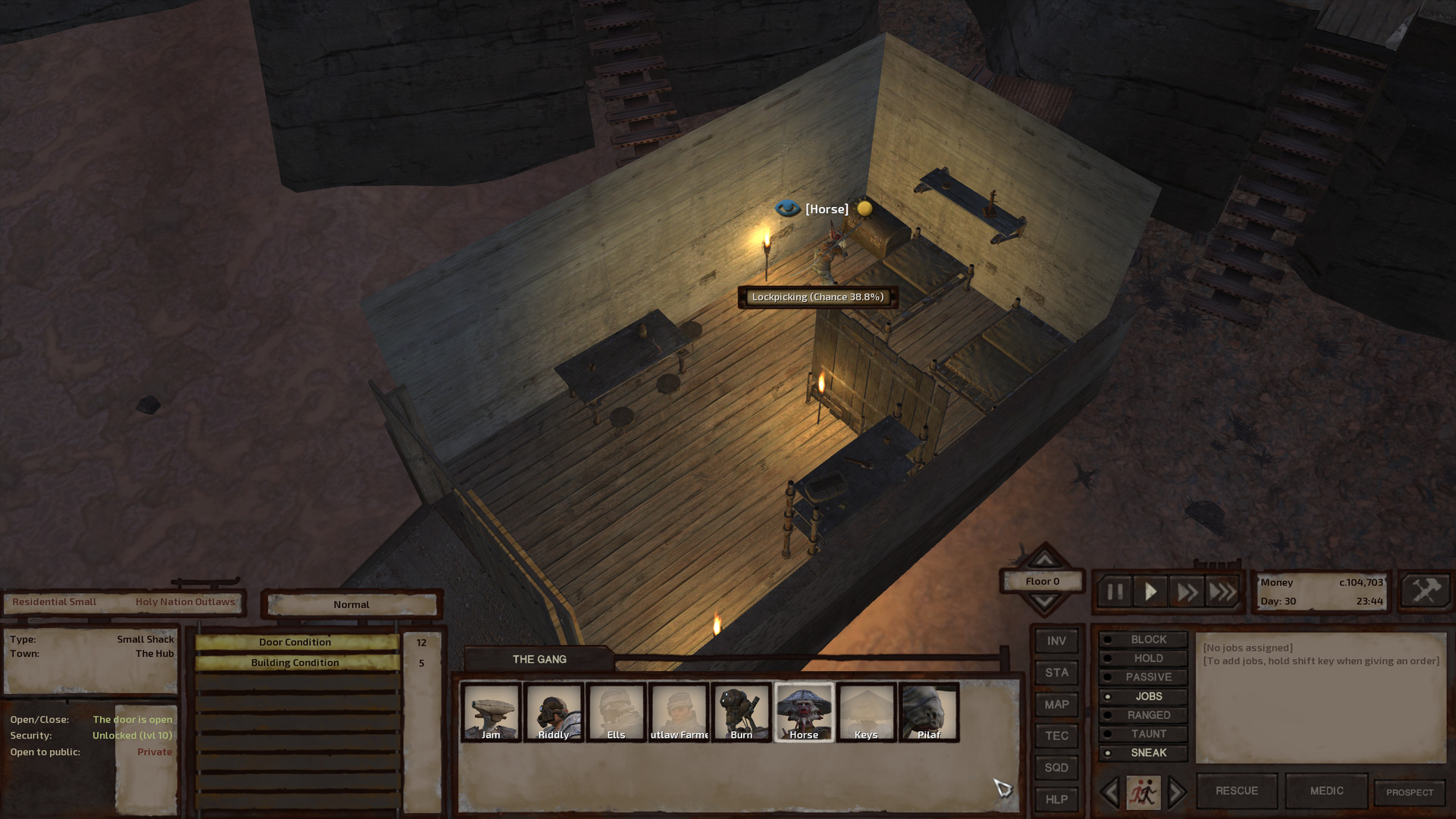 A small shack with a wooden floor and stone walls. The front half is empty but for a shelving unit and a table, each with various sundries arranged on them. The back half, behind a wooden interior wall, has a couple beds side-by-side, a wall shelf and a chest. Horse kneels in front of the chest, picking the lock. He has a 38.8% chance to succeed.