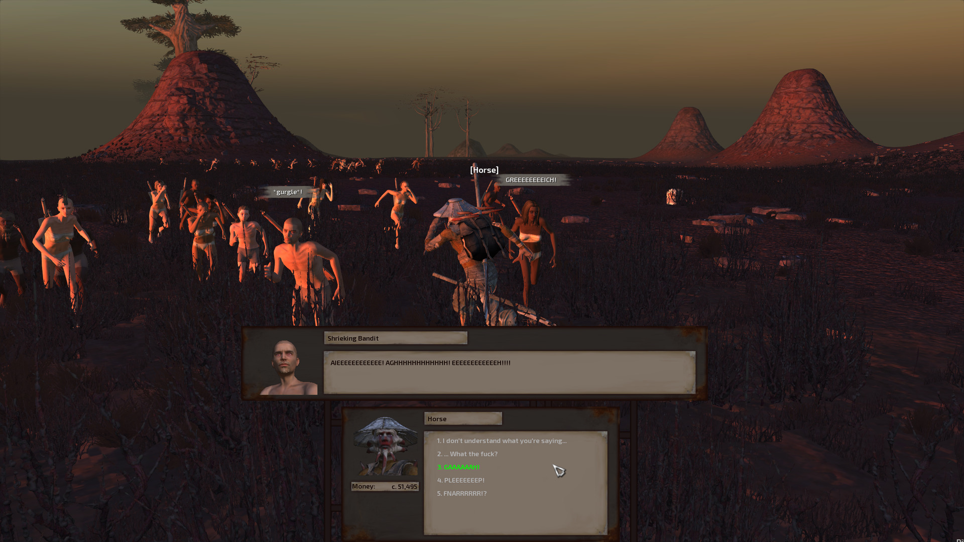 A band of 13 malnourished greenlander humans run toward the camera in nothing but their skivvies. Horse talks to their leader. In the background, two more such bands run in opposite directions. The ground is dark reddish purple with patches of scrub. High stone mounds rise from the background, a few extraordinarily tall, thick-trunked leafy trees behind them. The next chunk of text consists of screaming; it's probably going to be a pain in the ass on a screen reader. Sorry.