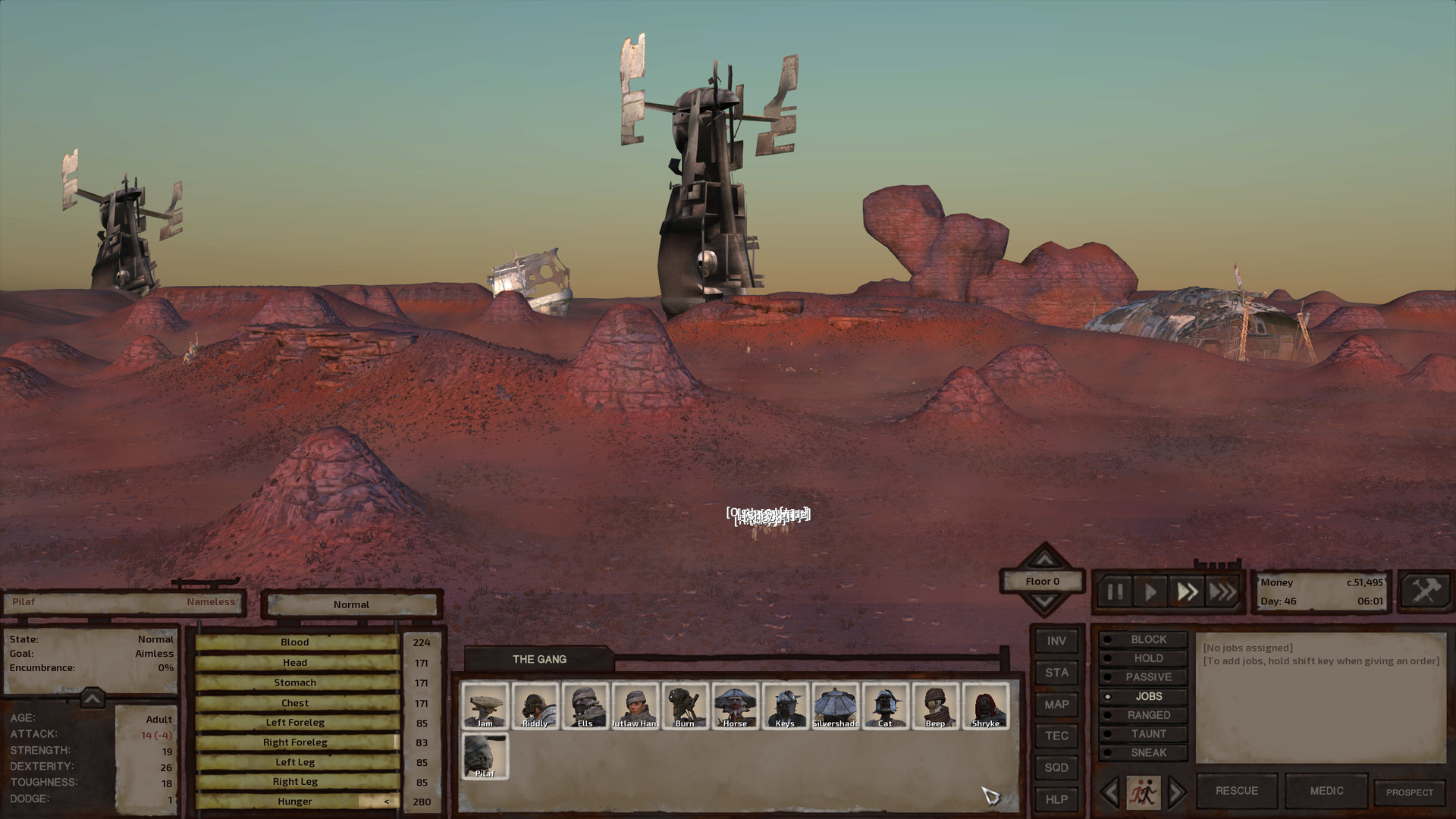 The environment is similar to the previous screenshot but here, instead of trees, there are two identical incredibly tall metal derelicts with a broadly cylindrical body in a couple segments, several long spans connecting the two, and a couple rods poking up from the top. Up at the top, a rod sticks straight out from either side, ending in a flat, barebones chunk of a frame parallel to the body. To the right of the derelicts, there's a long non-enclosed metal building with an arched roof. Two rickety windmills stand in front of it.