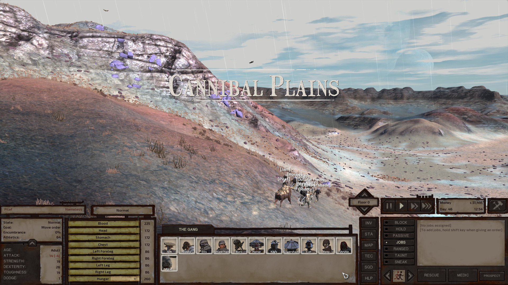 From the left, a ridge with chunks of purple sticking out from white comes to an end, dipping down dramatically to reveal a vast, pale plain stretching into the distance in the right half. A bumpy badlands ridge forms the horizon, meeting the sky, a pleasant pale blue striated with white clouds.