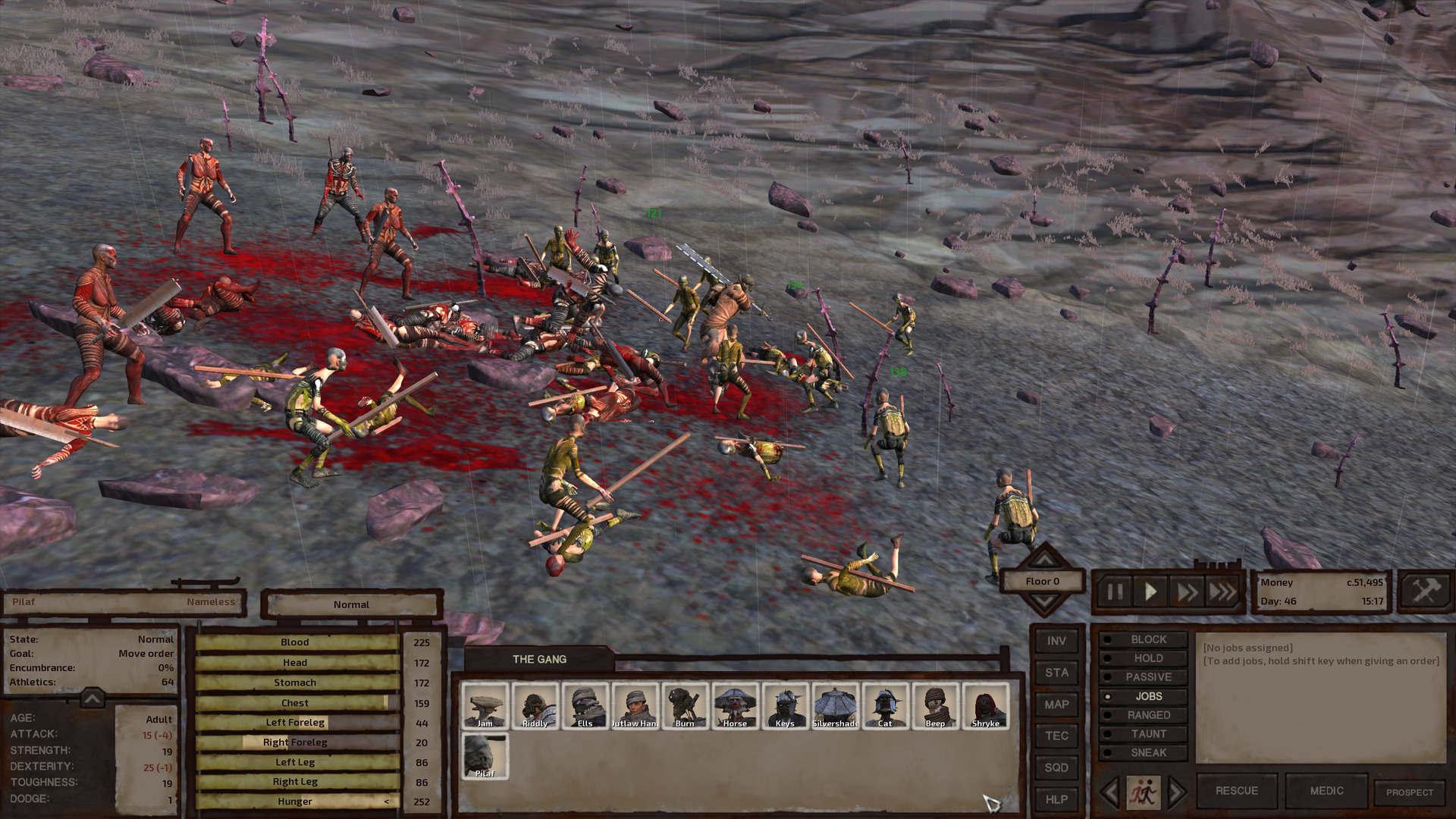 So the pink stems are a couple heads taller than a human. They don't stand straight up, bending slightly this way and that, but it's unclear if they're limber or rigid. More importantly, a skeleton in a leather longcoat winds up for a two-handed swing against the cannibals encircling them. Their weapon is a fragment axe, a flat weapon with notched edges kinda like a huge metal macuahuitl. Many cannibals lay on the ground around them. There's blood all over the place.