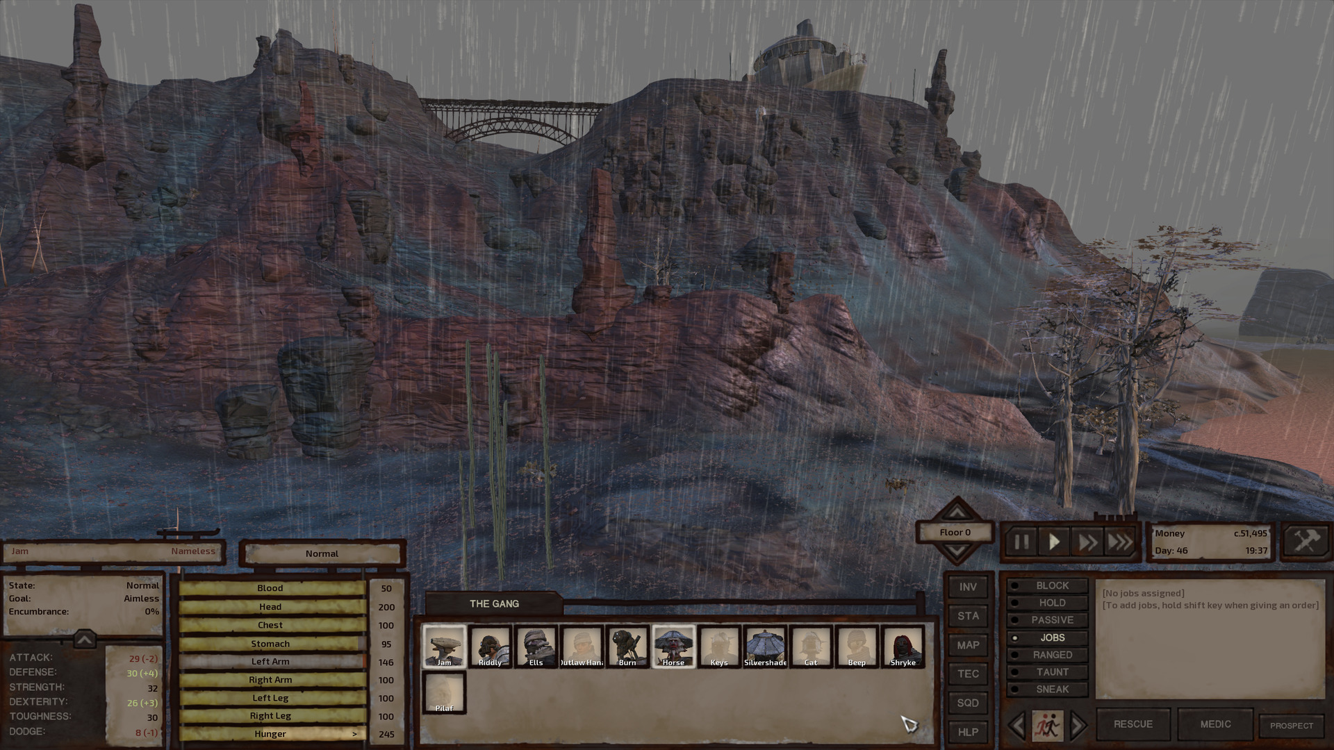 A view from the low, uneven ground at the shore of the Floodlands. Through a curtain of rain, we look past a couple sparse leafy trees and stick-thin cacti onto rust-coloured bluffs. Hoodoos interject the escarpments, some standing several times as tall as a human. Atop the main ridge in the distance is a latticework arch bridge, looking kind of like an old railway crossing, that leads to a circular dome-roof building on an elevated concrete foundation.