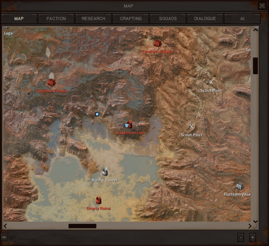 The map, showing that the gang is at the southern end of the Cannibal Plains, bordering the Floodlands. To their north are a couple Cannibal Villages. To their east are a couple Flotsam Ninja-controlled Scout Posts marking the border between the Cannibal Plains and the Hidden Forest. To the southeast, Flotsam Village sits right at the edge of the visible part of the map. The dot representing most of the gang is not near any settlement but the dot representing Jam and Horse is on top of a ruin called Suspicious Lab.