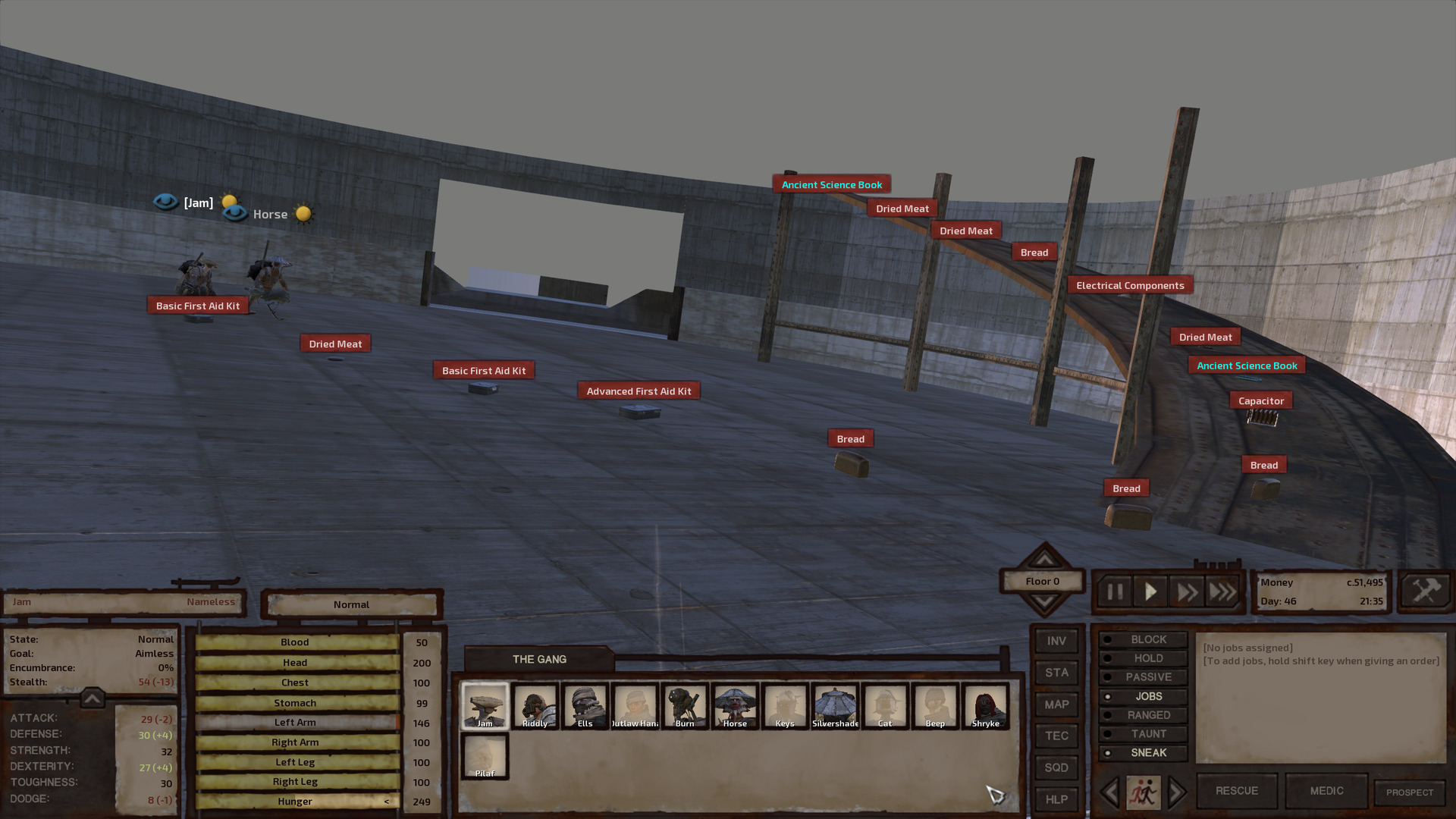 Jam and Horse crouch stealthily on the ground floor of the lab, which is completely devoid of any furnishing. Miscellaneous items are laid on the floor in a line, forming a trail that leads from the middle of the room up the ramp to the next floor.
