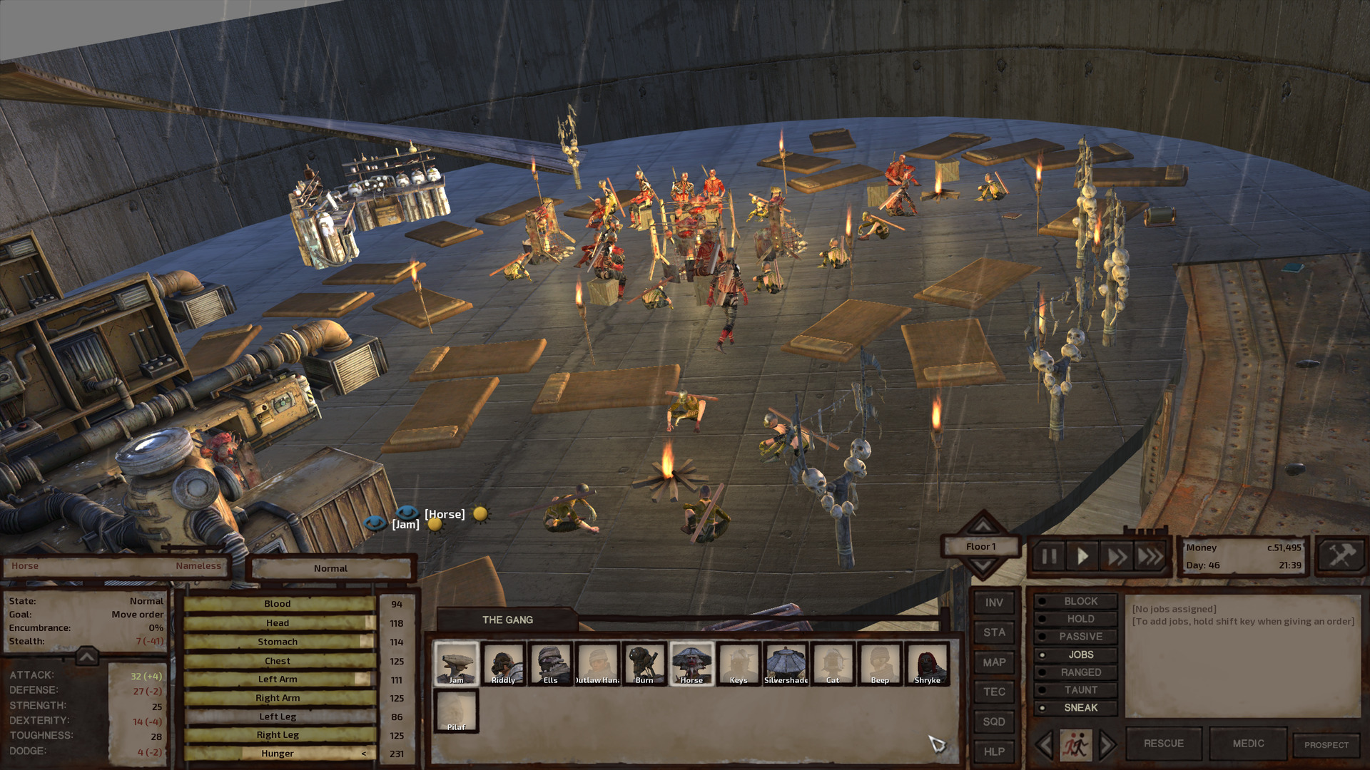 The second storey of the suspicious lab: Cannibals live here. They sit and stroll around between standing torches and a central cooking pot. Many bedrolls are scattered across the floor. Skull totems overlook the ramp leading up from below. A few research benches, the sort you'd usually expect to see in a lab like this, have been pushed up against the wall; they are not being used.