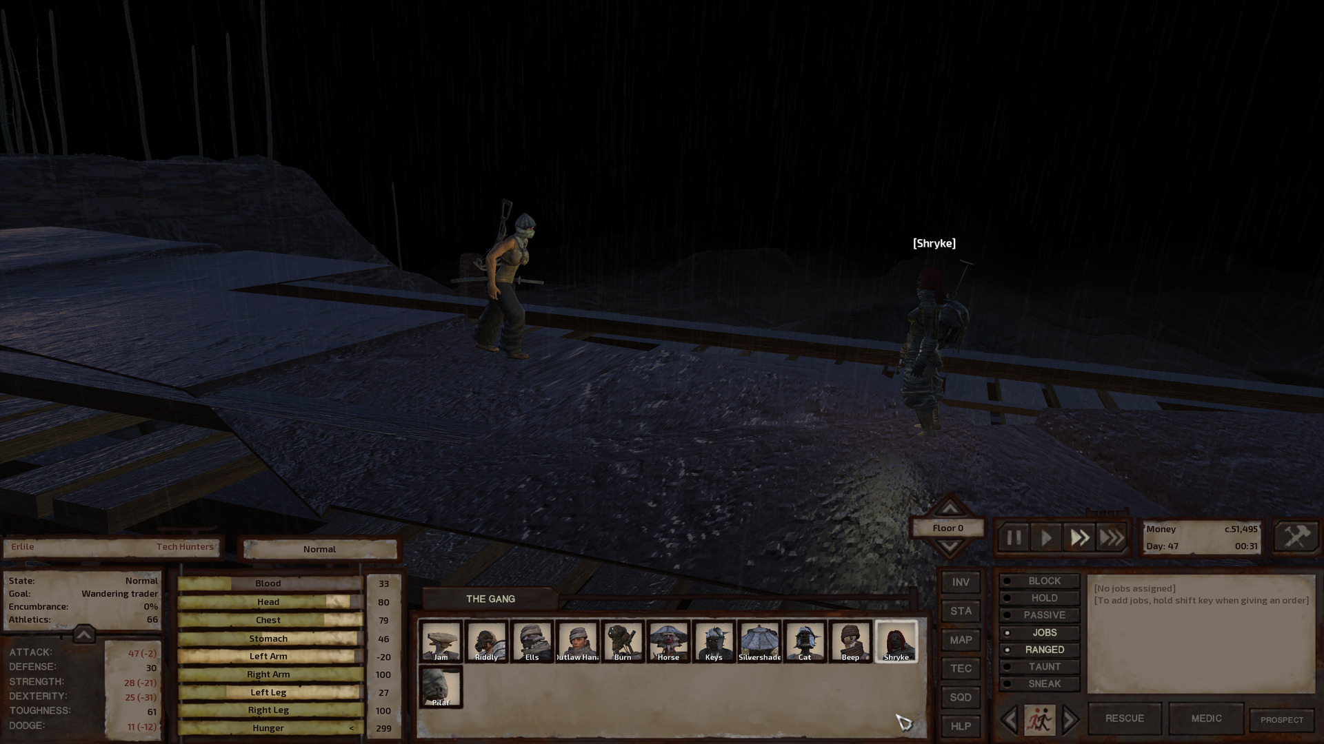 The rain hasn't let up at all. In the dark of night, Shryke stands on the bridge to the suspicious lab, facing a fair-skinned human woman with muscular arms, a crossbow, and a katana, wearing a chainmail hood and a metal face protector with a tank top and loose-fitting black pants.