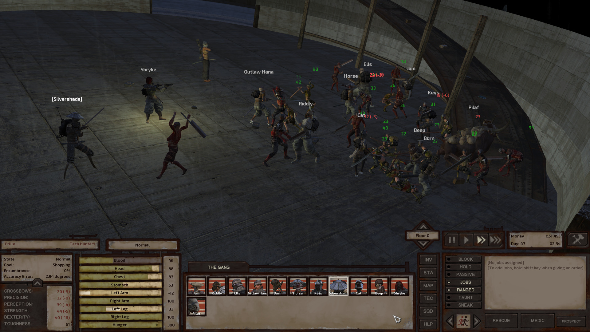 On the lab's empty ground floor, the gang fights cannibals. Erlile the tech hunter stands nearby, clutching her wounded arm and watching.