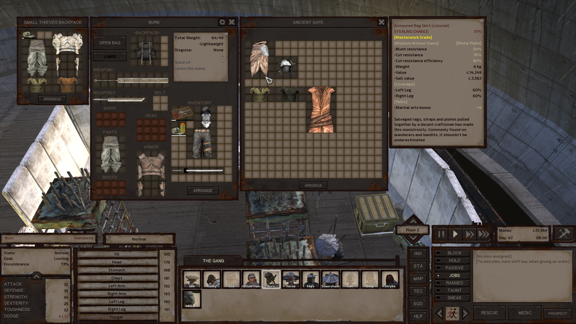 Burn is looting an ancient safe that contains an armoured rag skirt, a spiked helmet, a couple shirts, and a sleeveless leather longcoat. It also had some other clothing and armour that Burn has already taken.