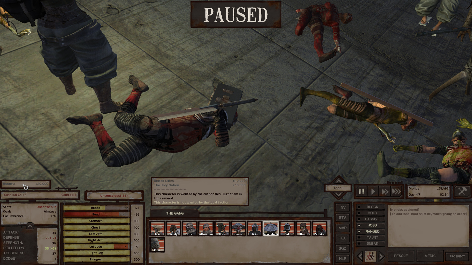 A cannibal chief laying on the floor unconscious, back arched and knees bent. He has a bleeding head wound that's getting worse but it's not because there's a medkit clipping through his head. That is just a coincidence. A couple other cannibals, both scrawny and regular type, lay on the floor nearby. Shryke stands next to the fallen chief.