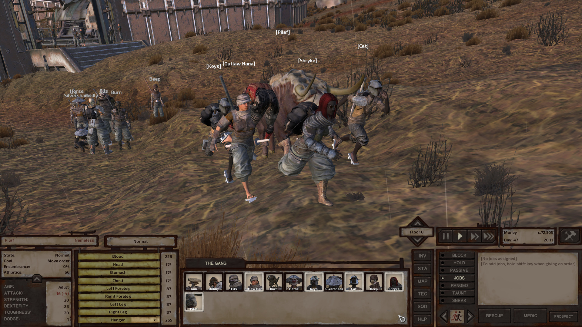 On the scraggly grassy hill outside Flotsam Village, Outlaw Hana, Keys, Cat, Shryke, and Pilaf run toward the camera. Jam, Riddly, Ells, Burn, Horse, Silvershade, and Beep stand a short ways behind them.