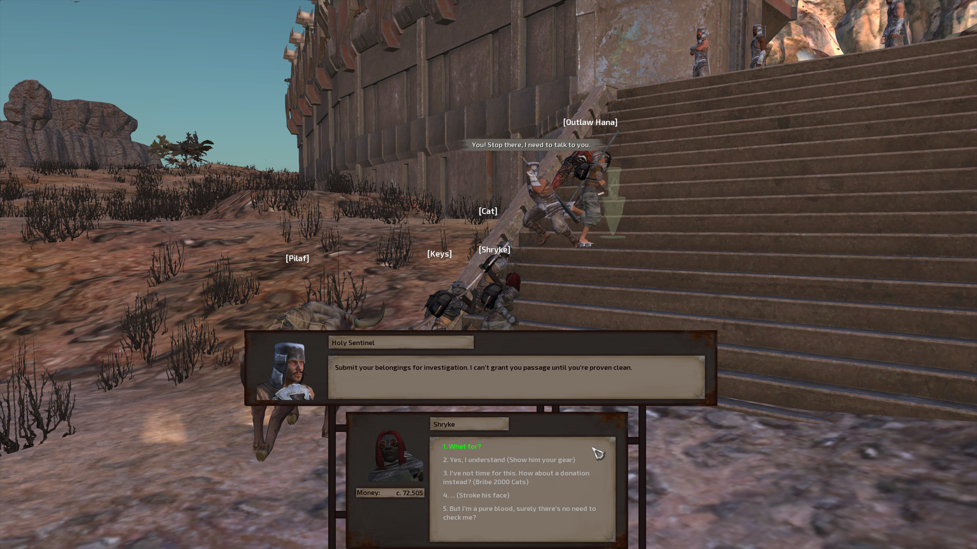 The human squad runs up to and up the steps leading to Blister Hill's front gate. The Holy Sentinel gate guard runs toward Shryke, demanding she stop for a bag check.